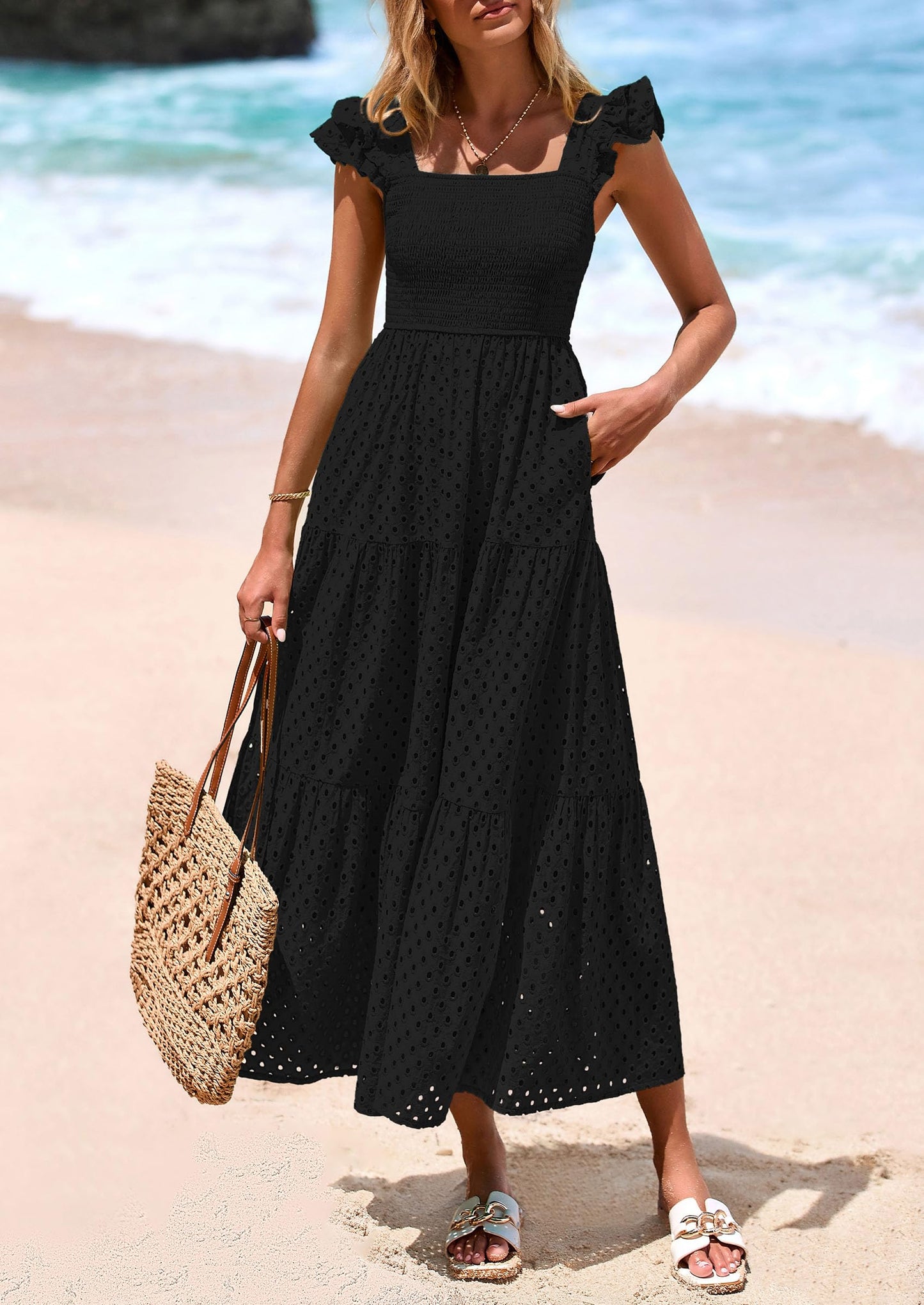 Womens Square Neck Maxi Dresses Cap Sleeve Eyelet Smocked Tiered A Line Flowy Long Dress with Pockets