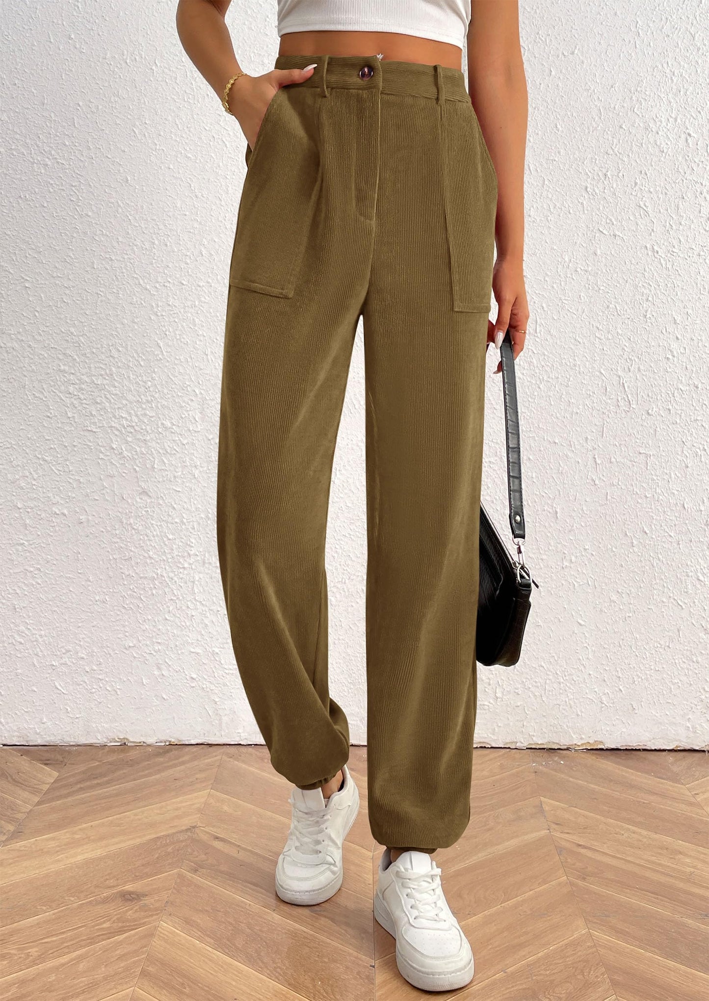 Women's Pants Dressy Casual Fall Elastic High Waisted Work Office Corduroy Trouser Slacks with Pockets