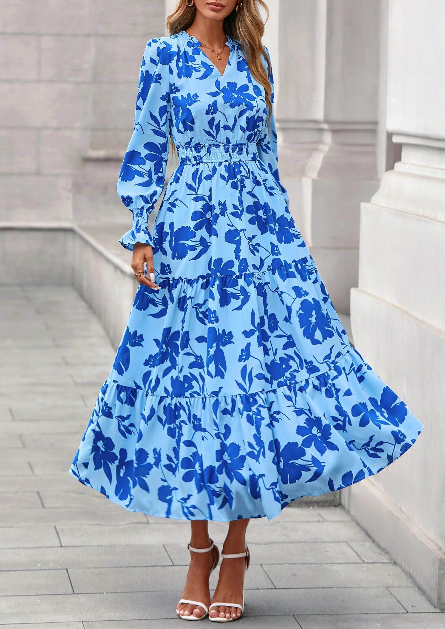 Women's Floral Maxi Dress Spring Long Sleeve V Neck Casual A Line Long Flowy Boho Party Dresses