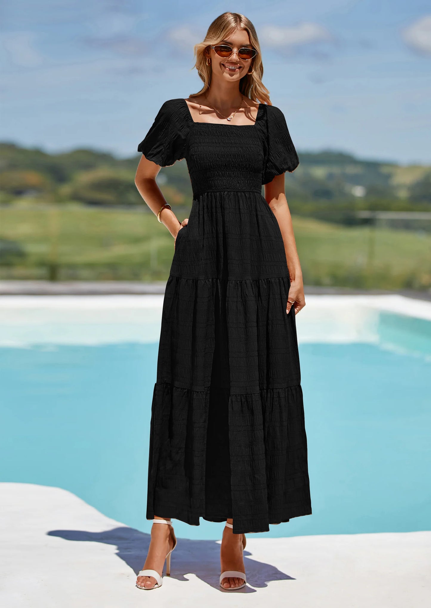 Womens Summer Puff Short Sleeve Maxi Dress Square Neck Smocked Tiered Ruffle A Line Long Flowy Beach Dresses