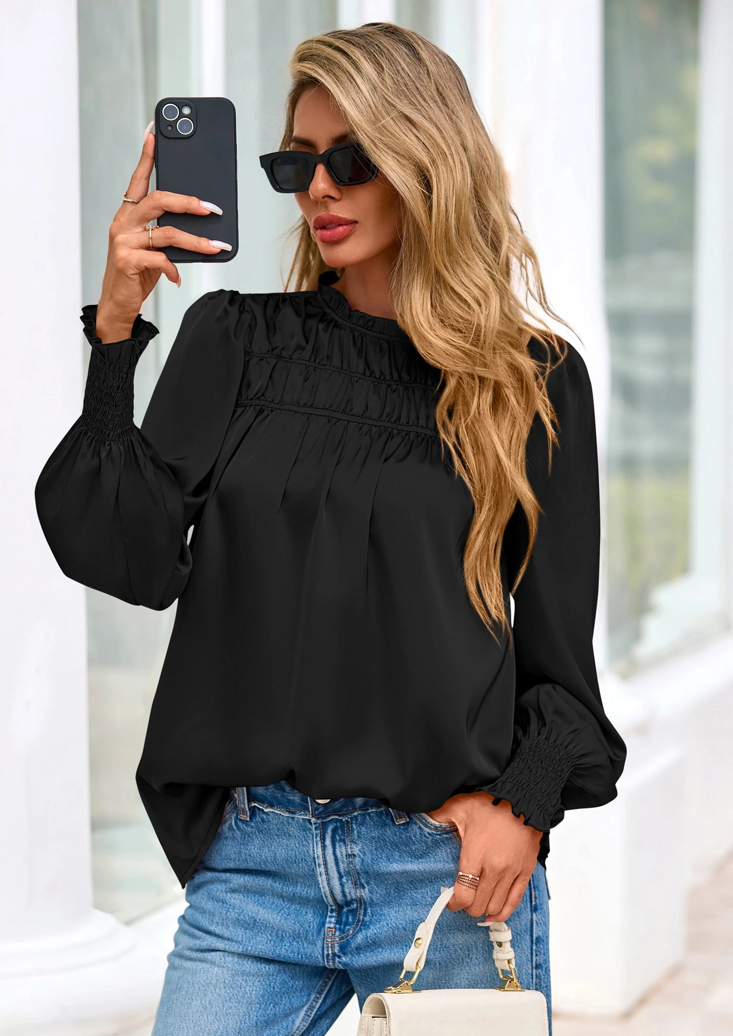 Blouses for Women Dressy Casual Fall Outfits Frill Neck Long Sleeve Shirts Satin Work Business Casual Tops