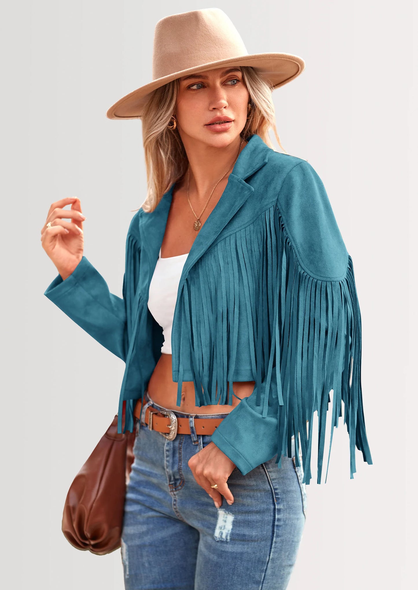 Women's Fringe Faux Suede Leather Jackets Fashion Tassel Motorcycle Cropped Coats