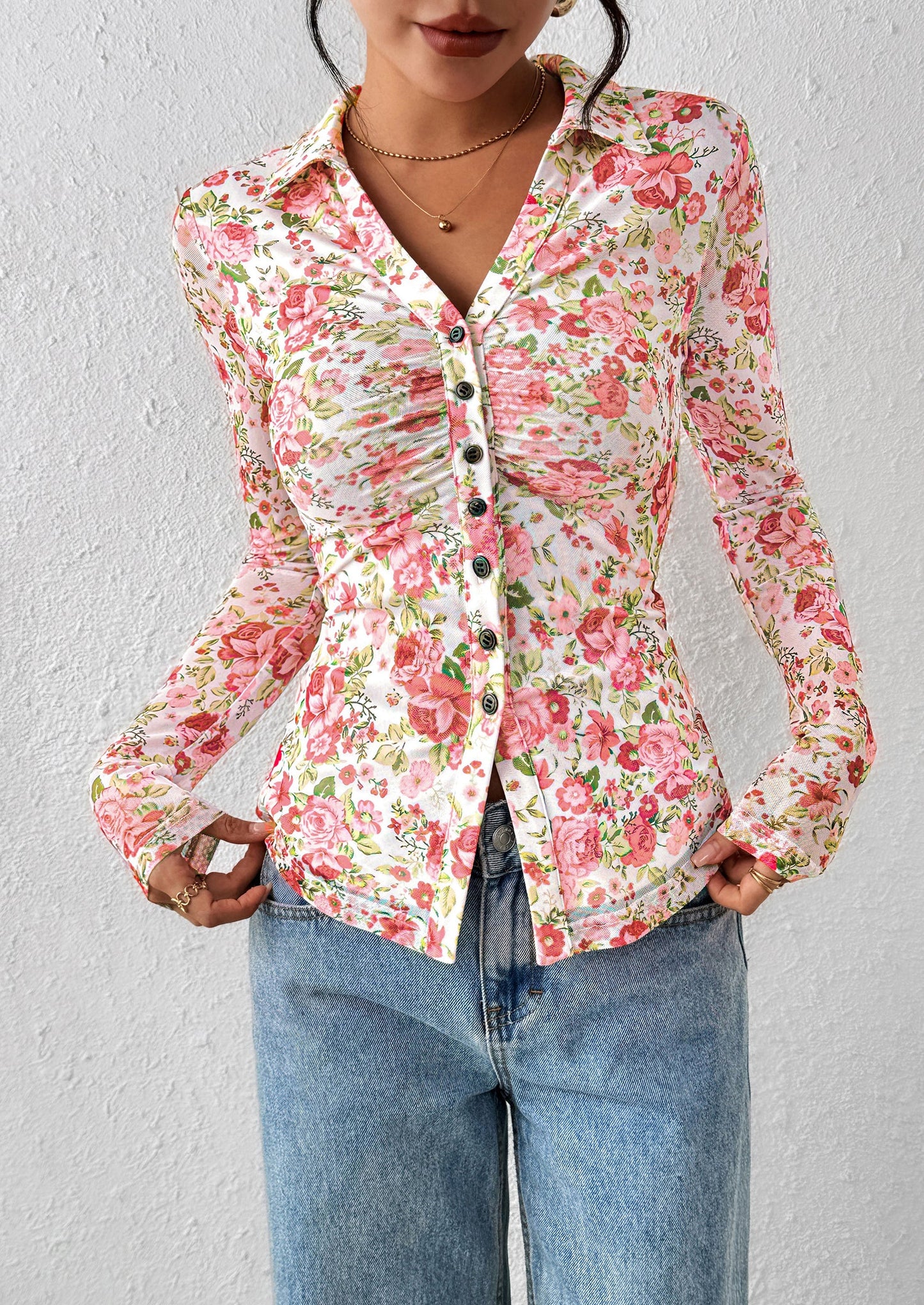 Women Button Down Floral Shirts Fall Trendy Long Sleeve V Neck Ruched Fitted Mesh Blouse Tops Date Outfits