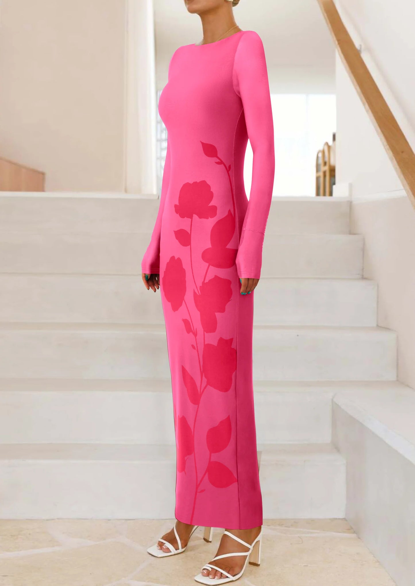 Bodycon Maxi Dress Fall Floral Long Sleeve Sexy Mesh Cocktail Wedding Guest Long Dresses