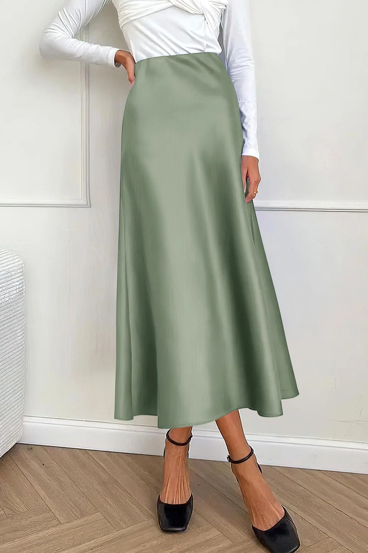 Women's Satin Skirts Dressy Casual Fall High Waisted Cocktail Wedding Flowy Elegant A Line Midi Skirt