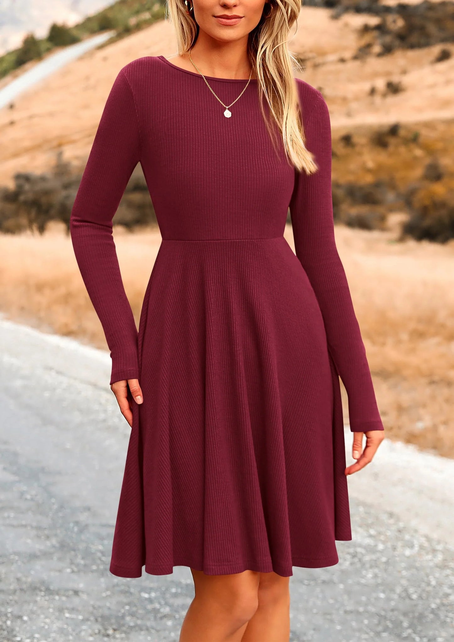 Women's Spring Fall Short Dress Ribbed Knit Crewneck Long Sleeve A Line Flowy Casual Elegant Going Out Dresses