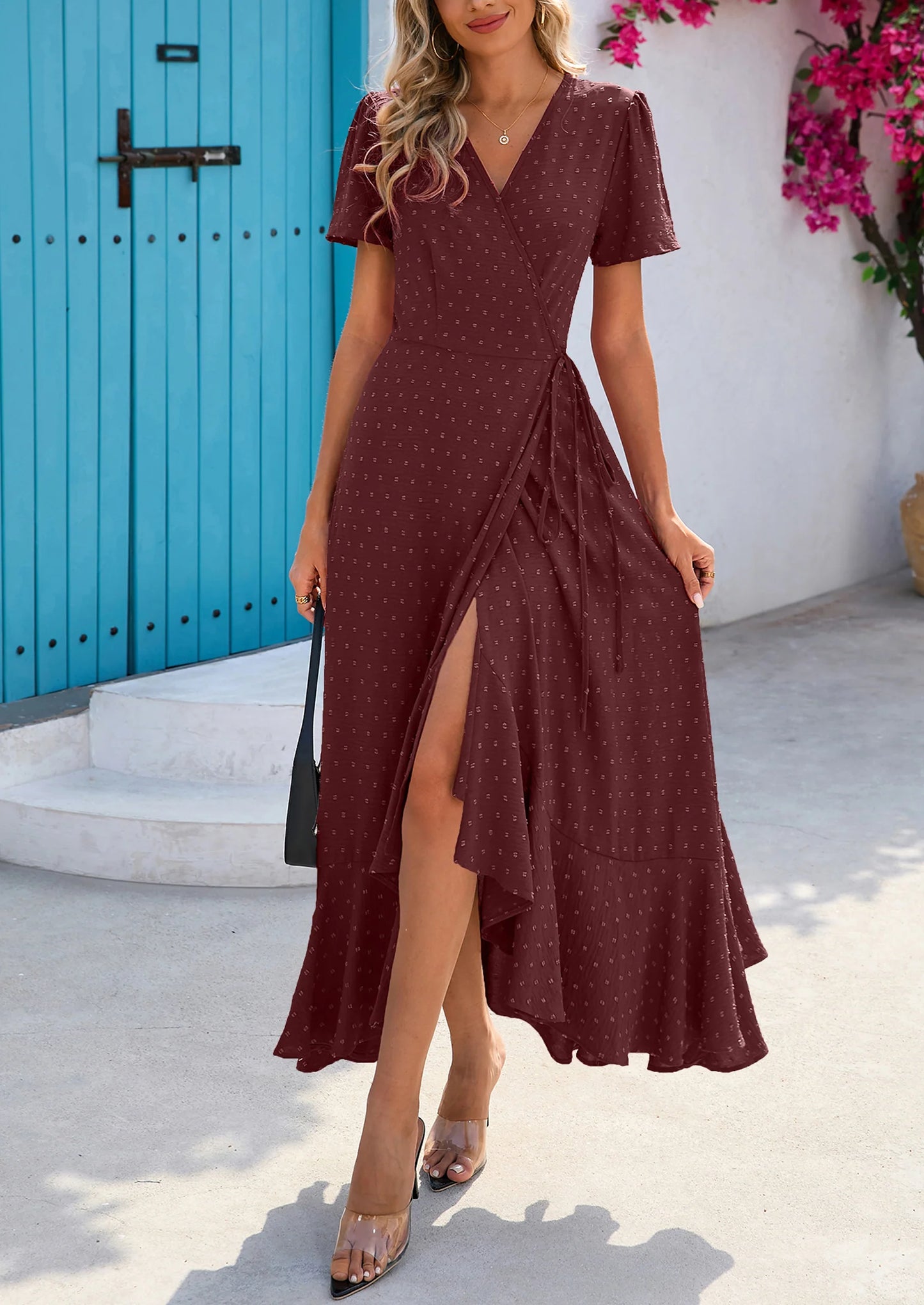 Women's Summer Maxi Dress Casual Wrap Floral Boho Short Sleeve V Neck Split Ruffle Beach Long Dresses