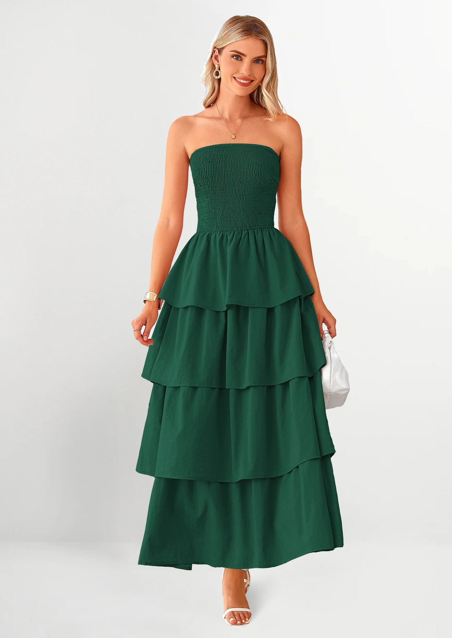 Maxi Dresses for Women Off Shoulder Smocked Tiered Ruffle Long Flowy Wedding Guest Dress