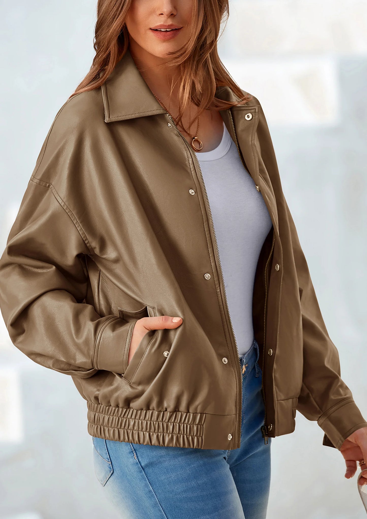 Women's Faux Leather Motorcycle Jacket Trendy Fall Spring Clothes Oversized Zip Up Winter Coat Outerwear