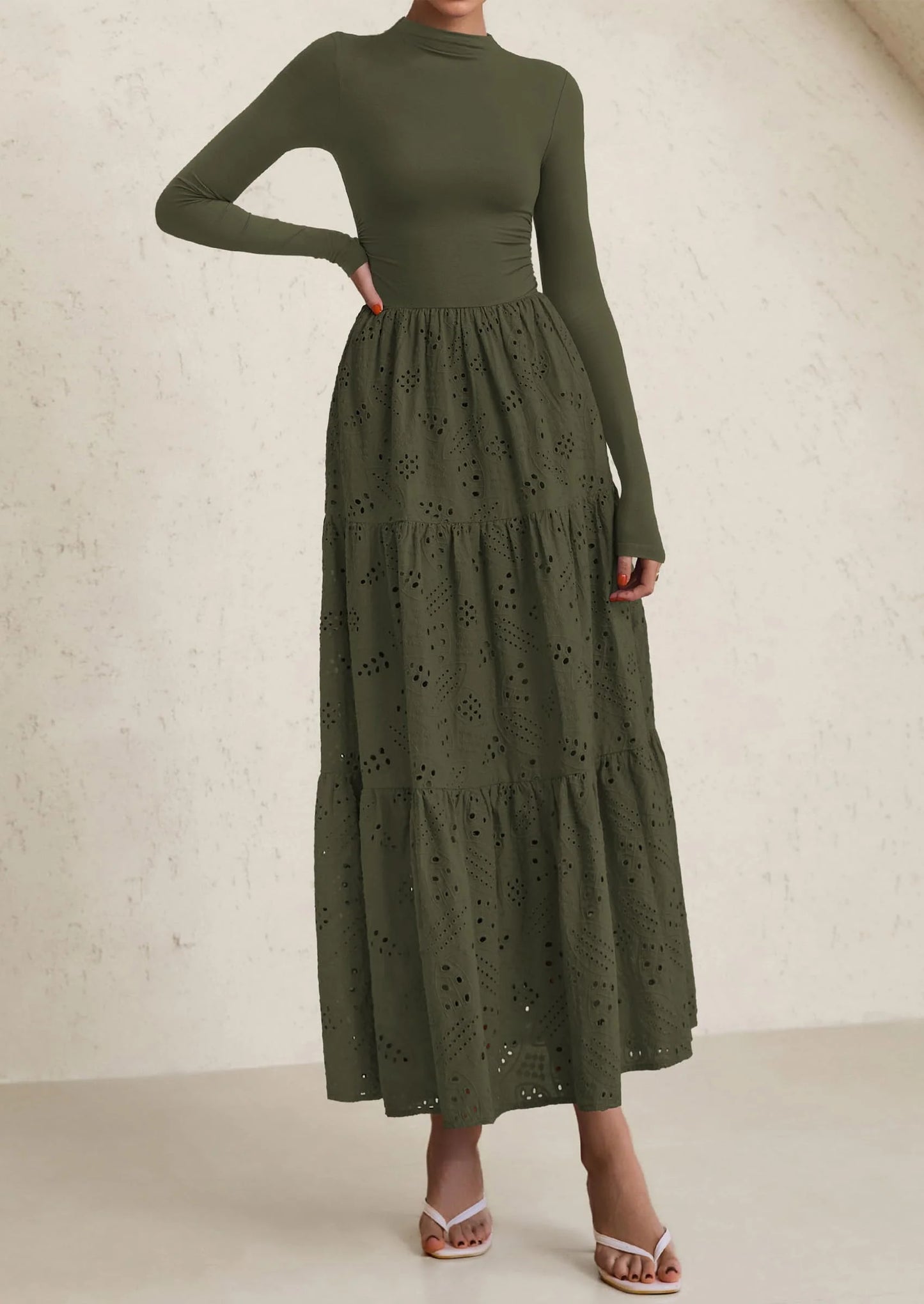 Long Sleeve Dress for Women Fall Eyelet Mock Neck A Line Elegant Classy Maxi Wedding Guest Dresses Pockets
