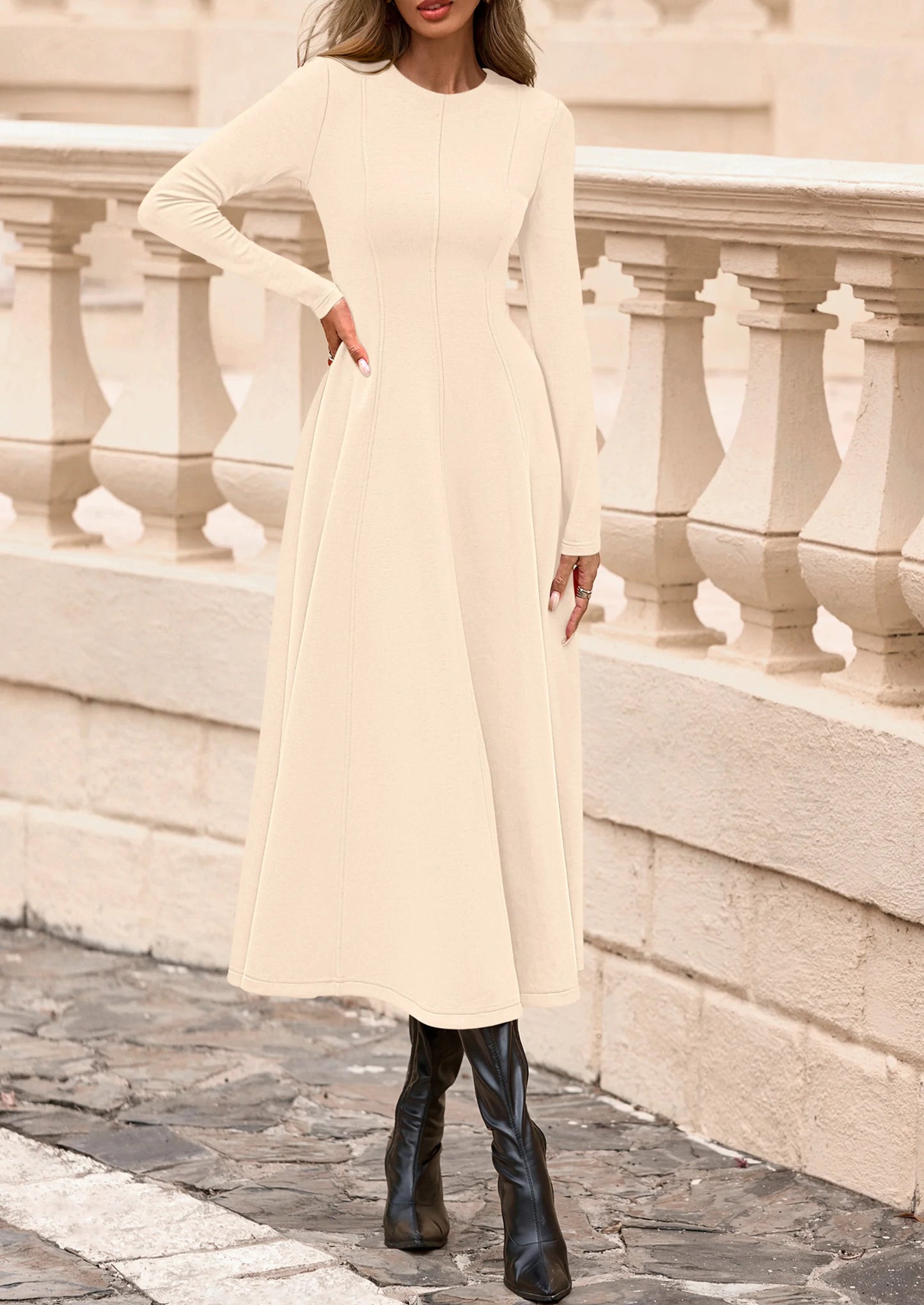 Women's Fall Long Sleeve Midi Dress Casual Elegant Ruffle Flowy A Line Swing Cocktail Party Dresses