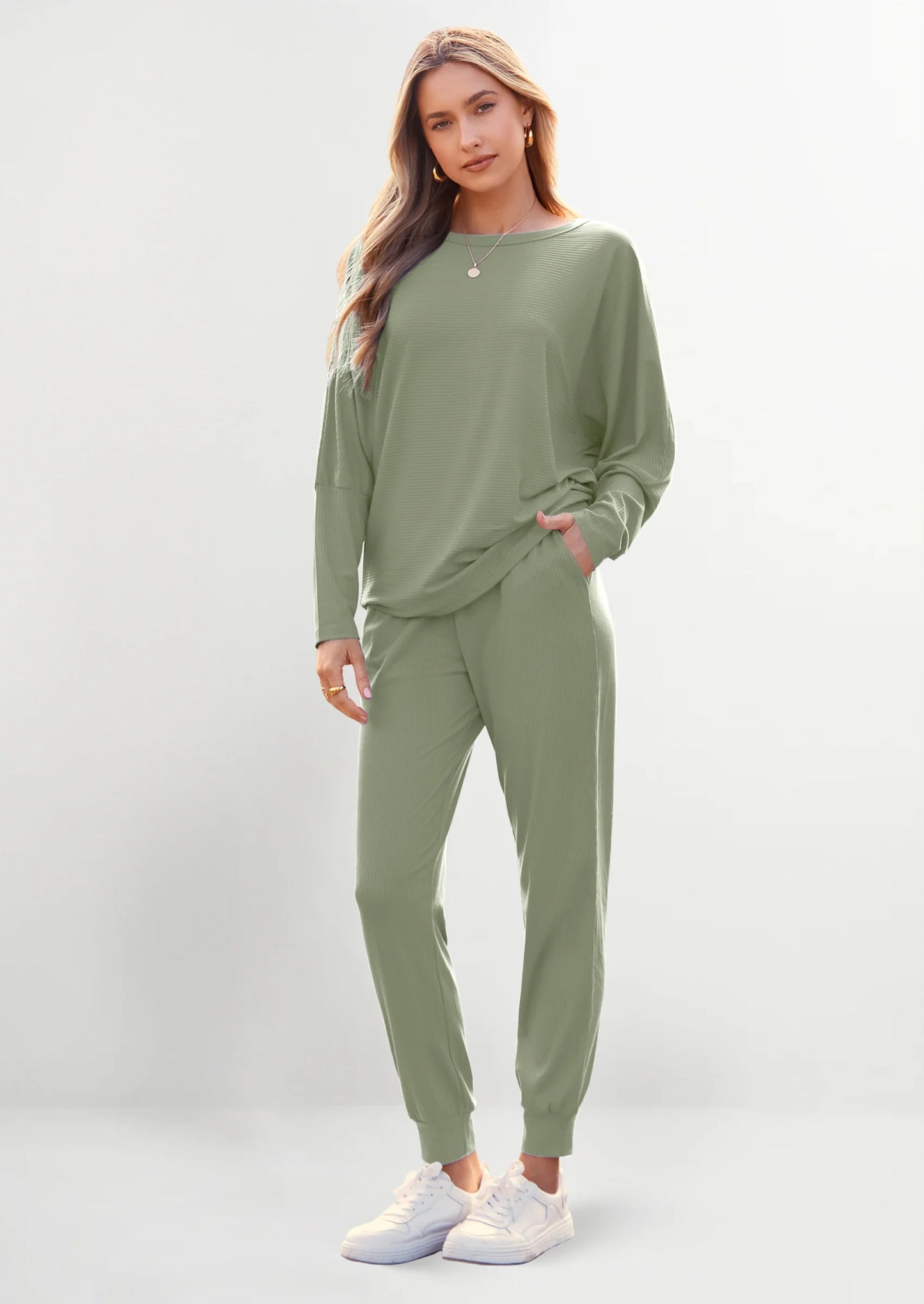Women's Fall 2 Piece Lounge Set Long Sleeve Tops Ribbed Pants Spring Matching Sweatsuit Travel Outfits Clothes