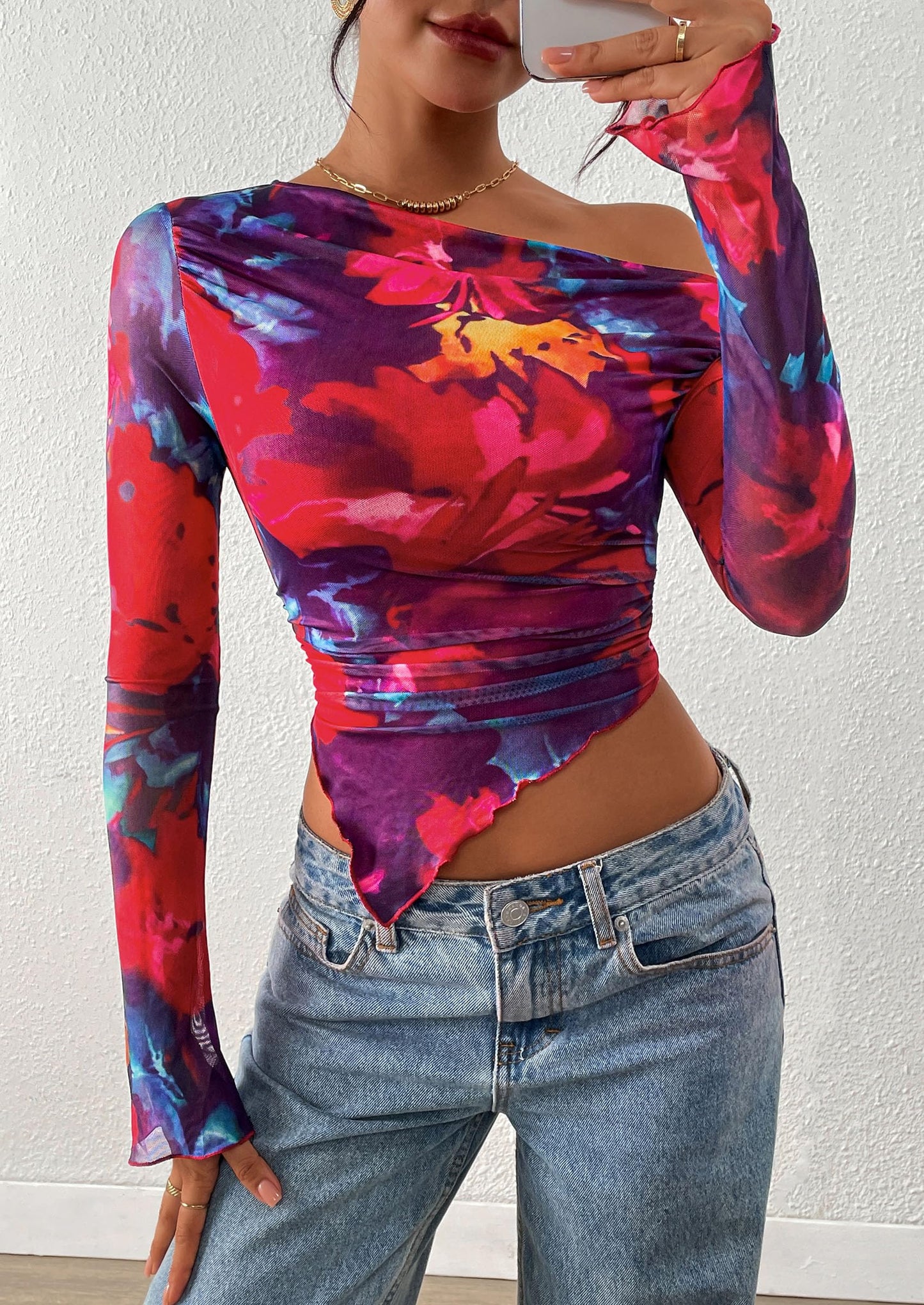 Womens Fall Trendy Off Shoulder Tops Tie Dye Mesh Long Sleeve Shirts Asymmetrical Ruched Floral Blouse