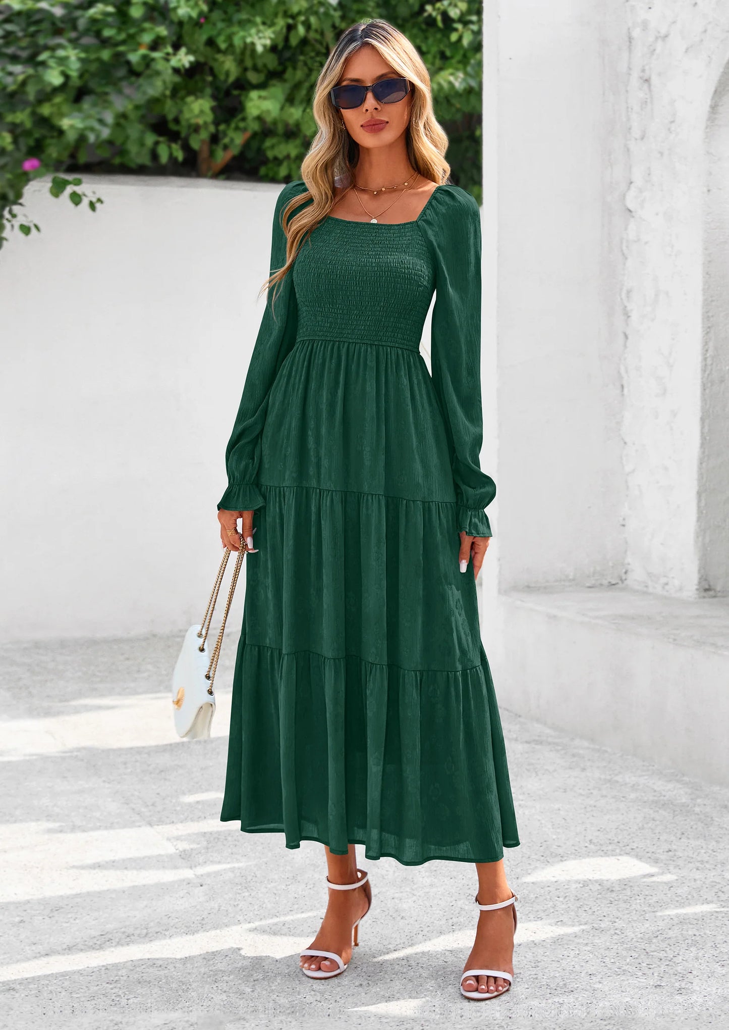 Fall Wedding Guest Dresses for Women Floral Long Sleeve Smocked Tiered Elegant Long Flowy Boho Dress