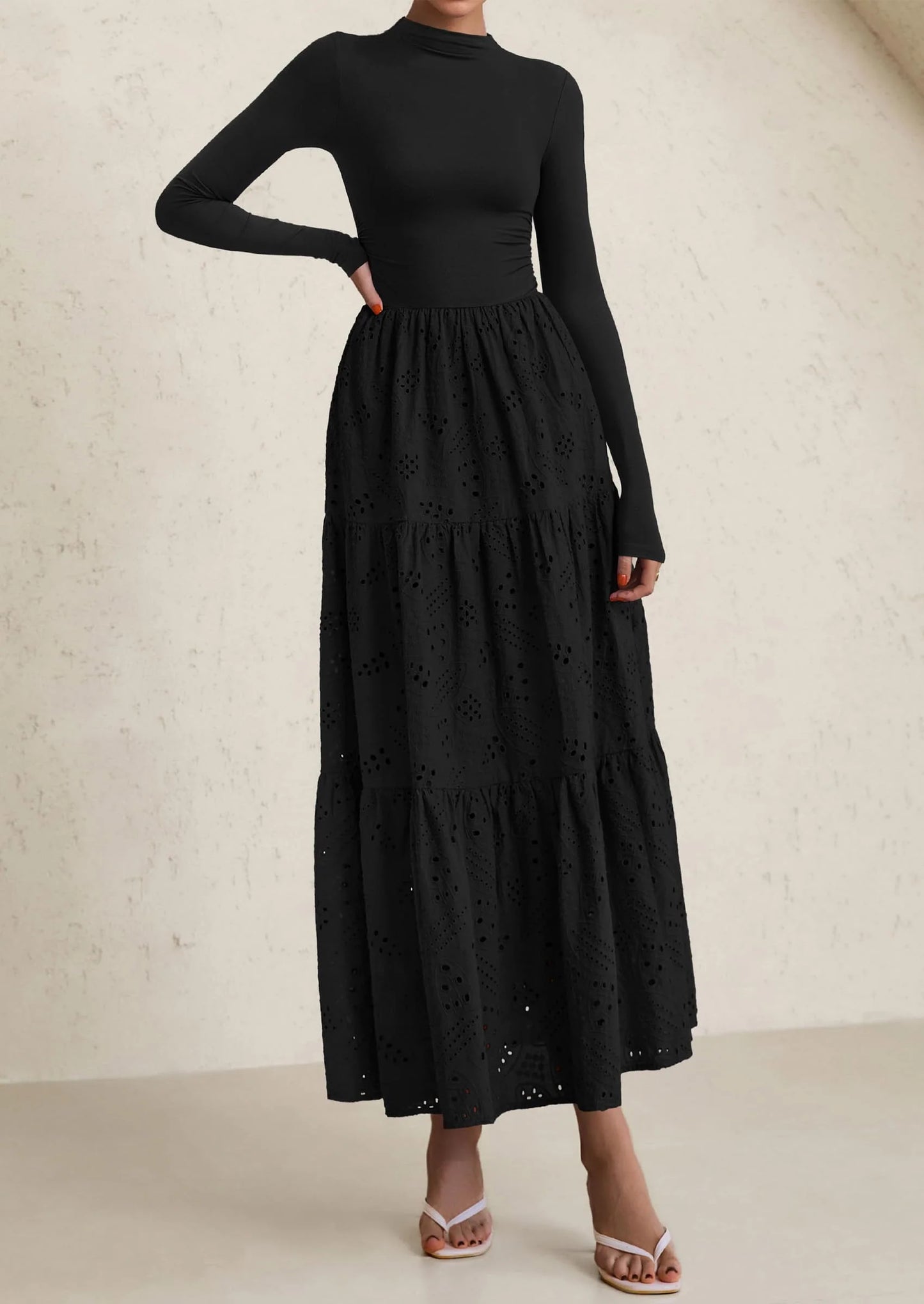 Long Sleeve Dress for Women Fall Eyelet Mock Neck A Line Elegant Classy Maxi Wedding Guest Dresses Pockets