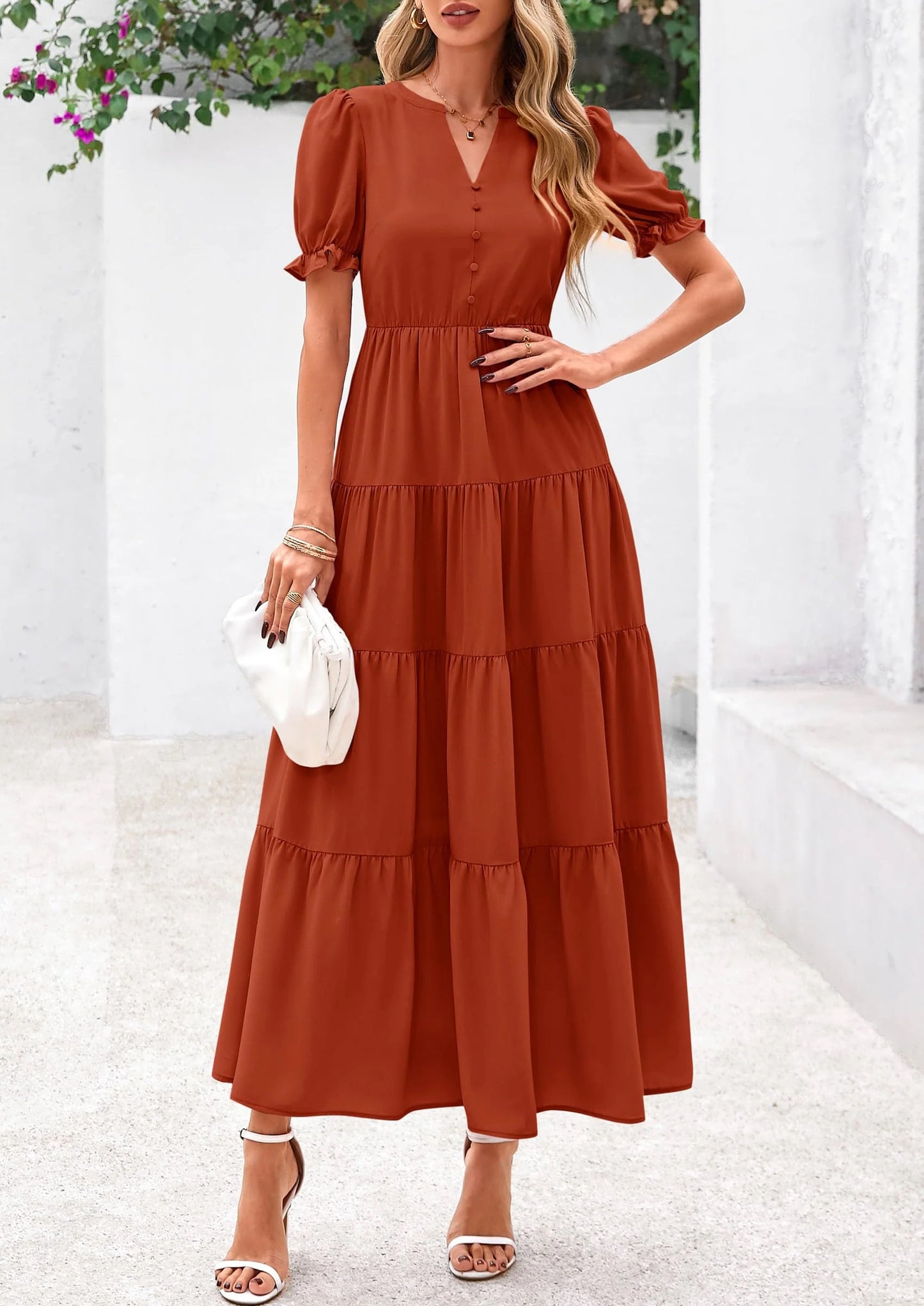 Women's Casual Short Sleeve V Neck Midi Dresses Spring A-line Tiered Wedding Guest Dress