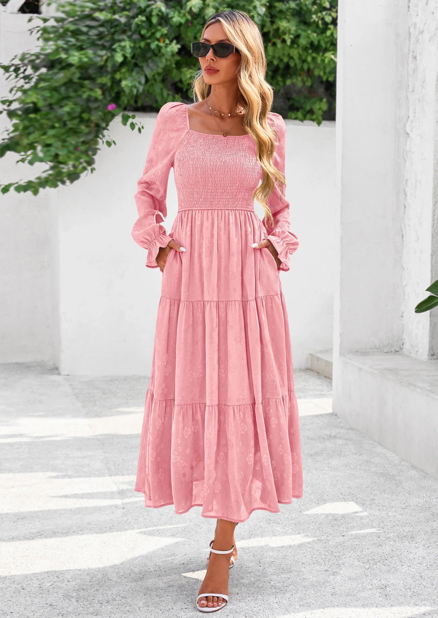 Fall Wedding Guest Dresses for Women Floral Long Sleeve Smocked Tiered Elegant Long Flowy Boho Dress