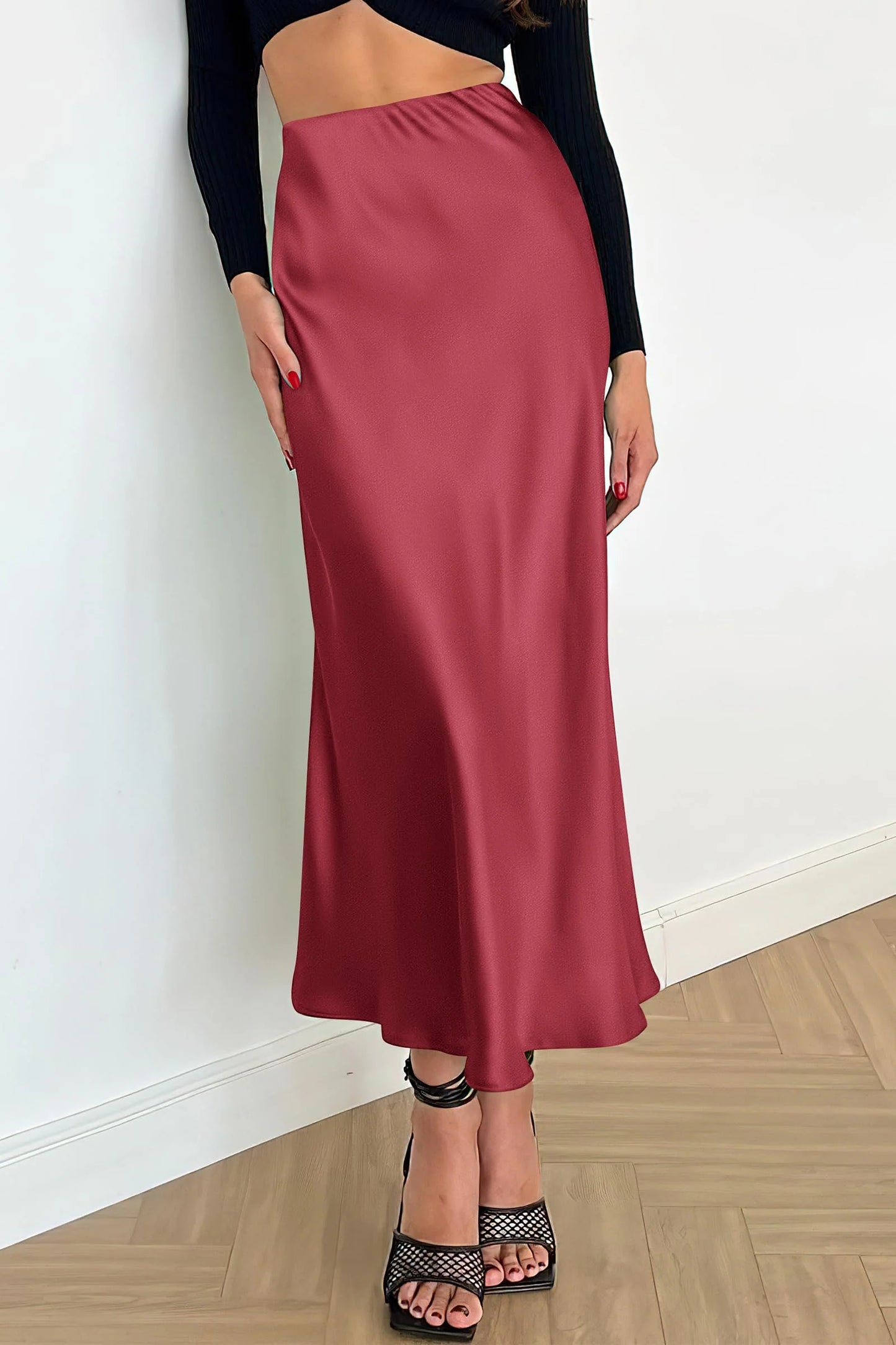 Women's Satin Skirts Dressy Casual Fall High Waisted Cocktail Wedding Flowy Elegant A Line Midi Skirt