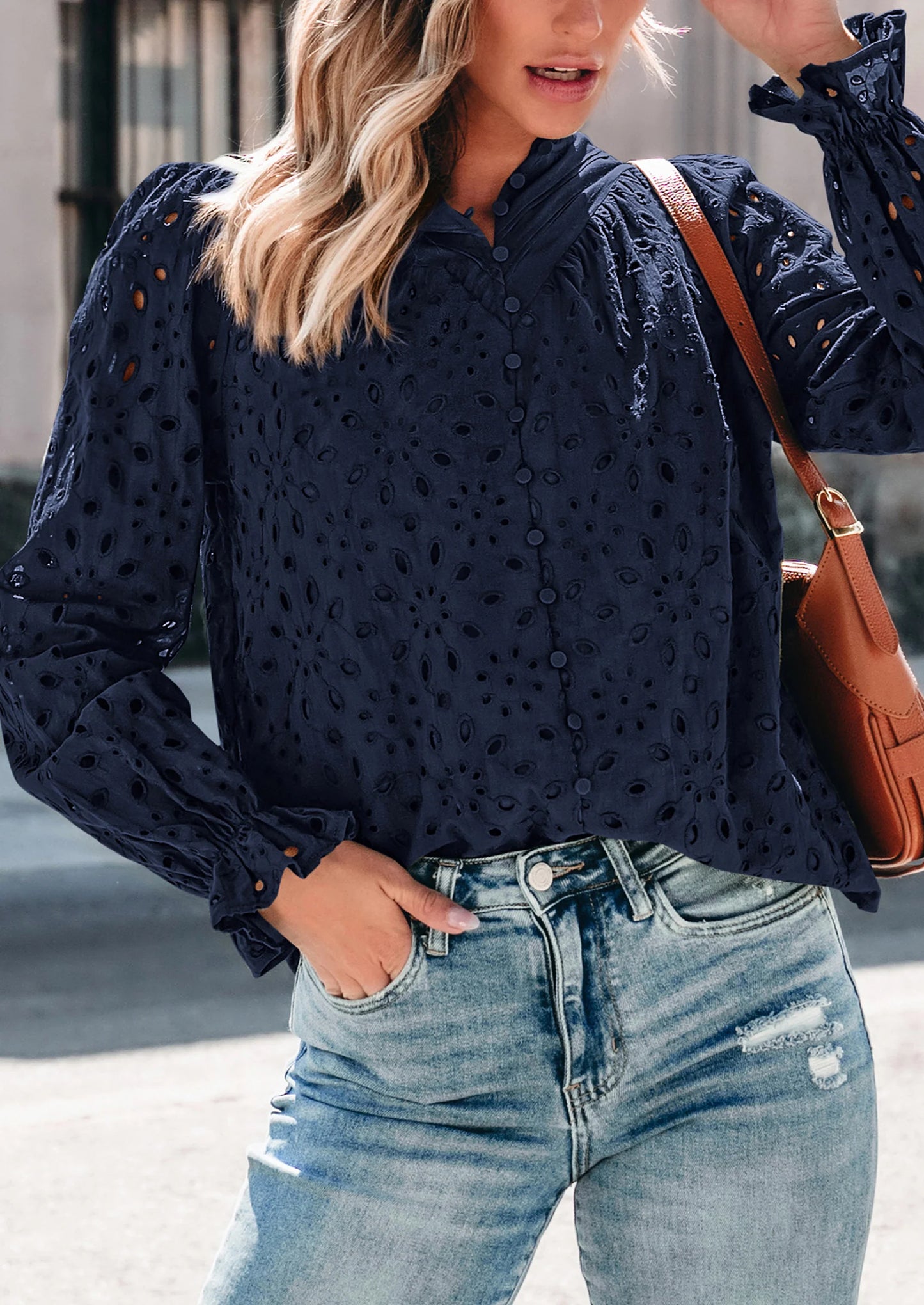 Women's Dressy Casual Blouse Tops Fall Spring Puff Long Sleeve Button V Neck Hollow Out Lace Embroidered Shirts