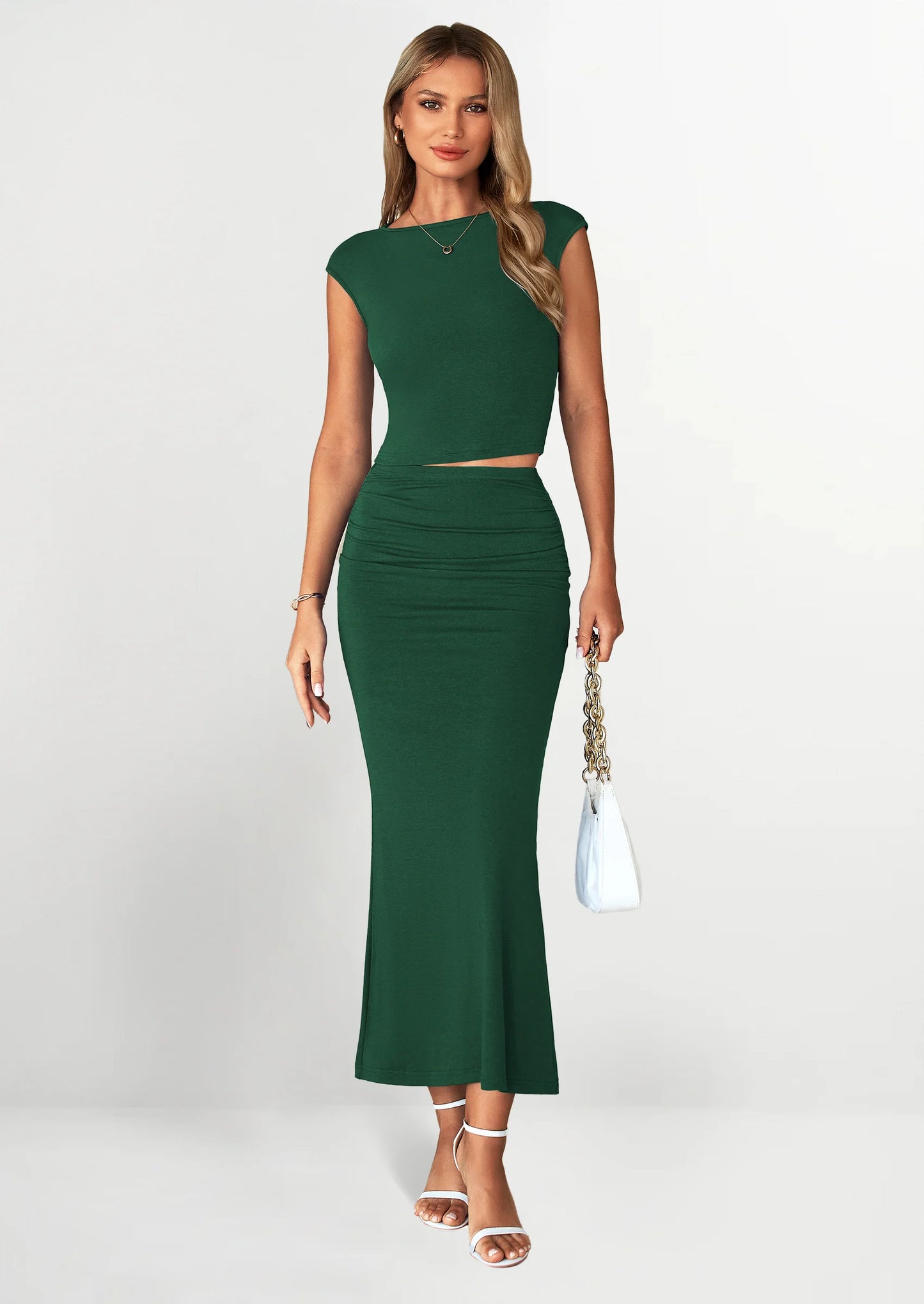 Summer 2 Piece Sets for Women Going Out Casual Cap Sleeve Crop Tops Ruched Maxi Long Skirts Spring Outfits