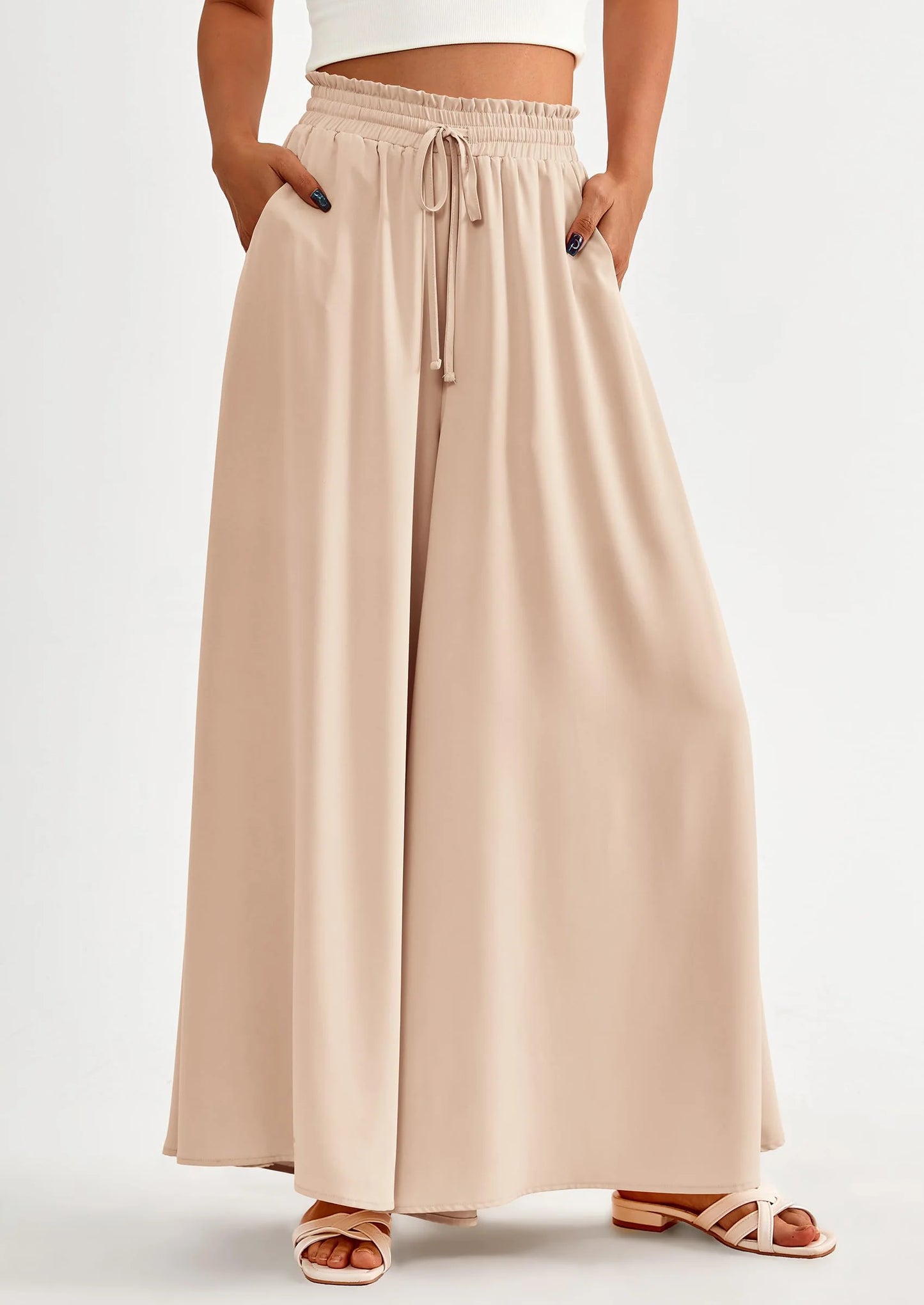 Women's Summer Wide Leg Palazzo Pants High Waisted Flowy Pockets Trendy Casual Lounge Boho Beach Trousers
