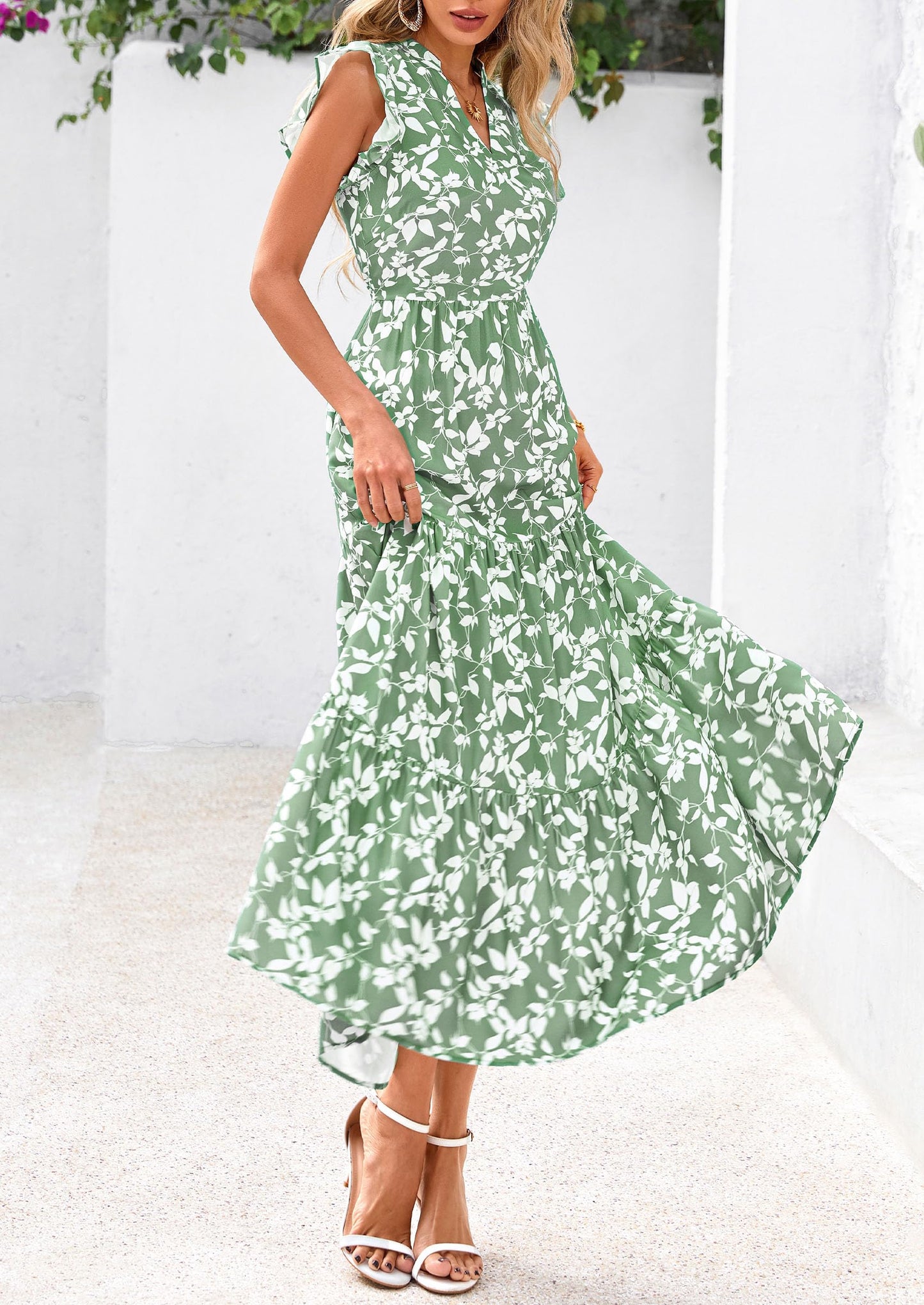Women's Summer Floral Midi Dress Cap Sleeve V Neck Ruffle Long Flowy Boho Casual Beach Vacation Dresses