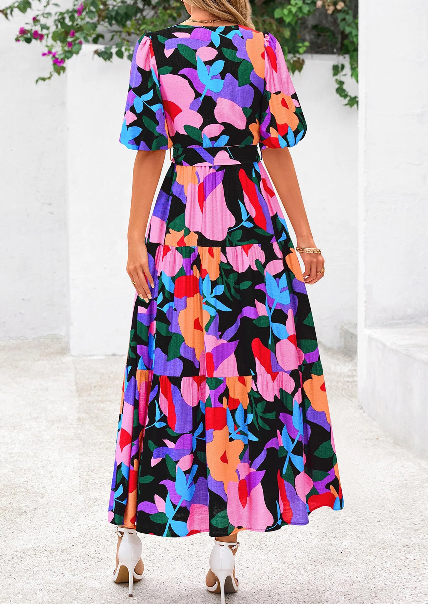 Women's Maxi Dress Resort Wear Boho Floral V Neck Puff Short Sleeve Ruffle Flowy Beach Long Dresses