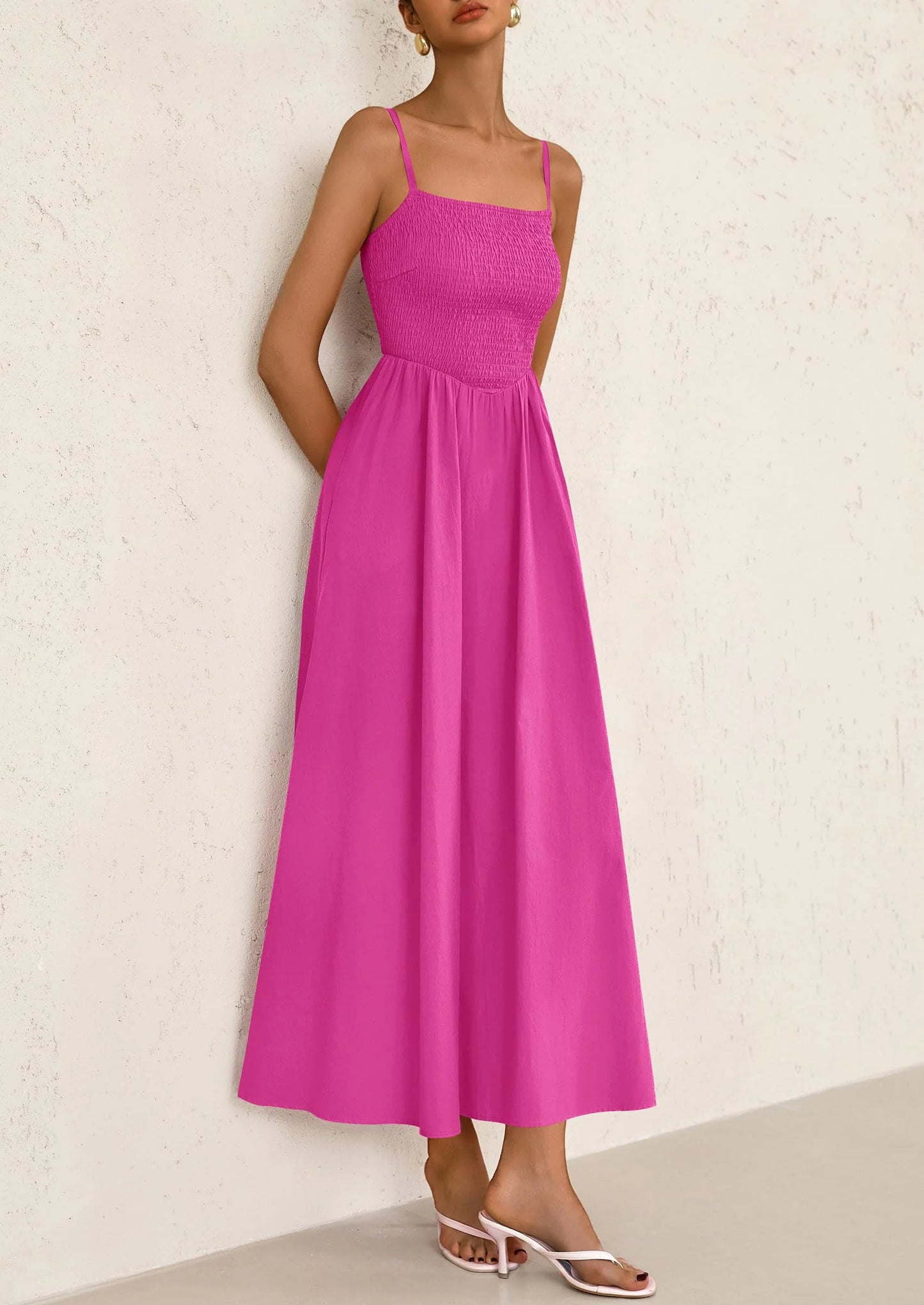 Women's Smocked Maxi Dresses Beach Sundress Casual Spaghetti Strap Swing A Line Long Flowy Dress