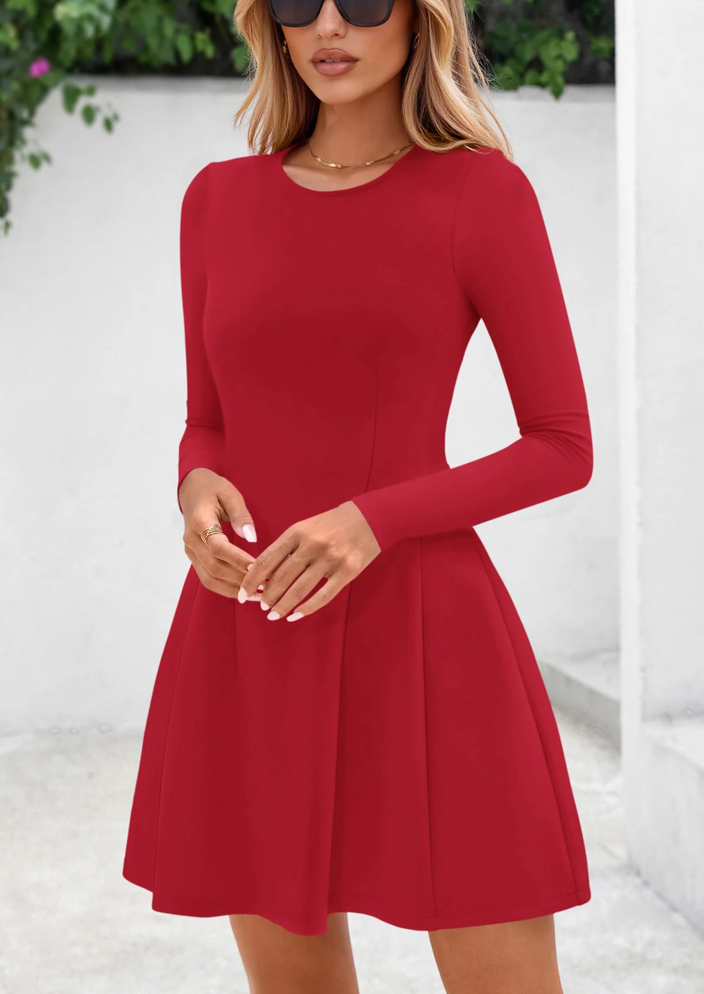 Long Sleeve Mini Dress for Women Fall Crewneck Knit Pleated Babydoll A Line Soft Casual Short Party Dresses