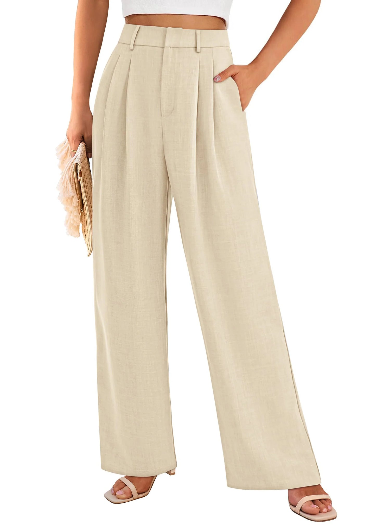 Women's Summer Elastic High Waisted Work Pants Straight Leg Dressy Business Casual Trousers Slacks Pockets