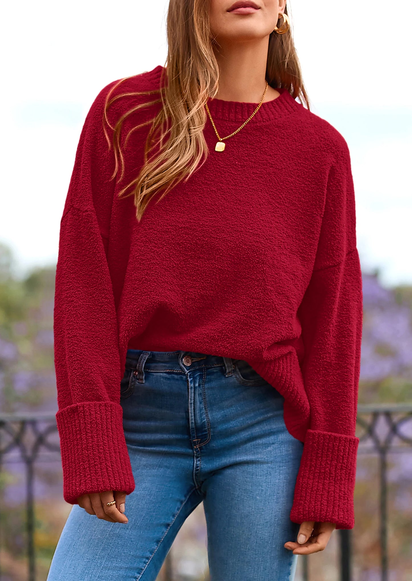 Women's Fall Oversized Sweaters Casual Crewneck Pullover Long Sleeve Fuzzy Chunky Knit Tops Blouse