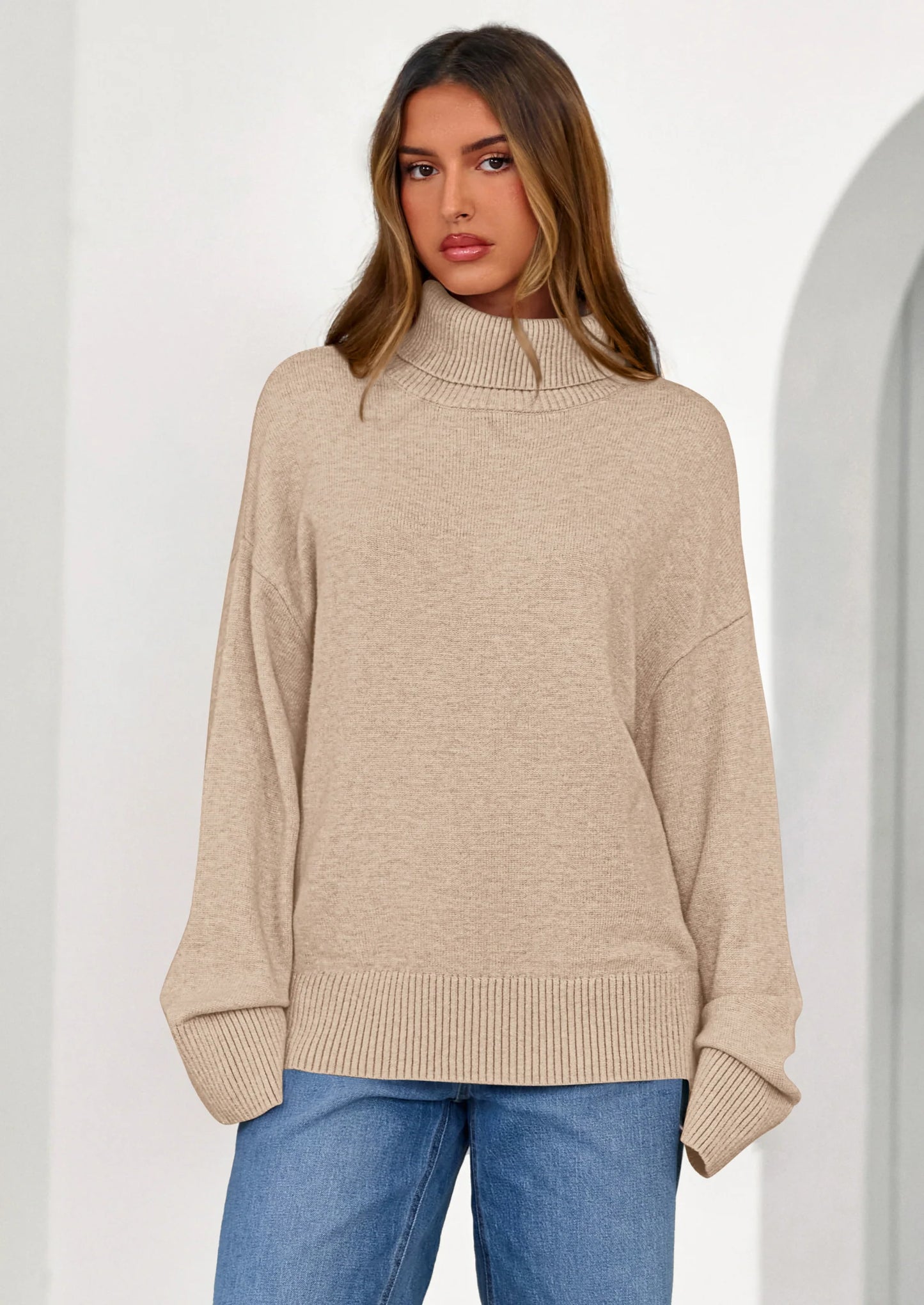 Womens Turtleneck Long Sleeve Sweater Fall Trendy Loose Fit Casual Tops Chunky Knit Pullover Sweaters