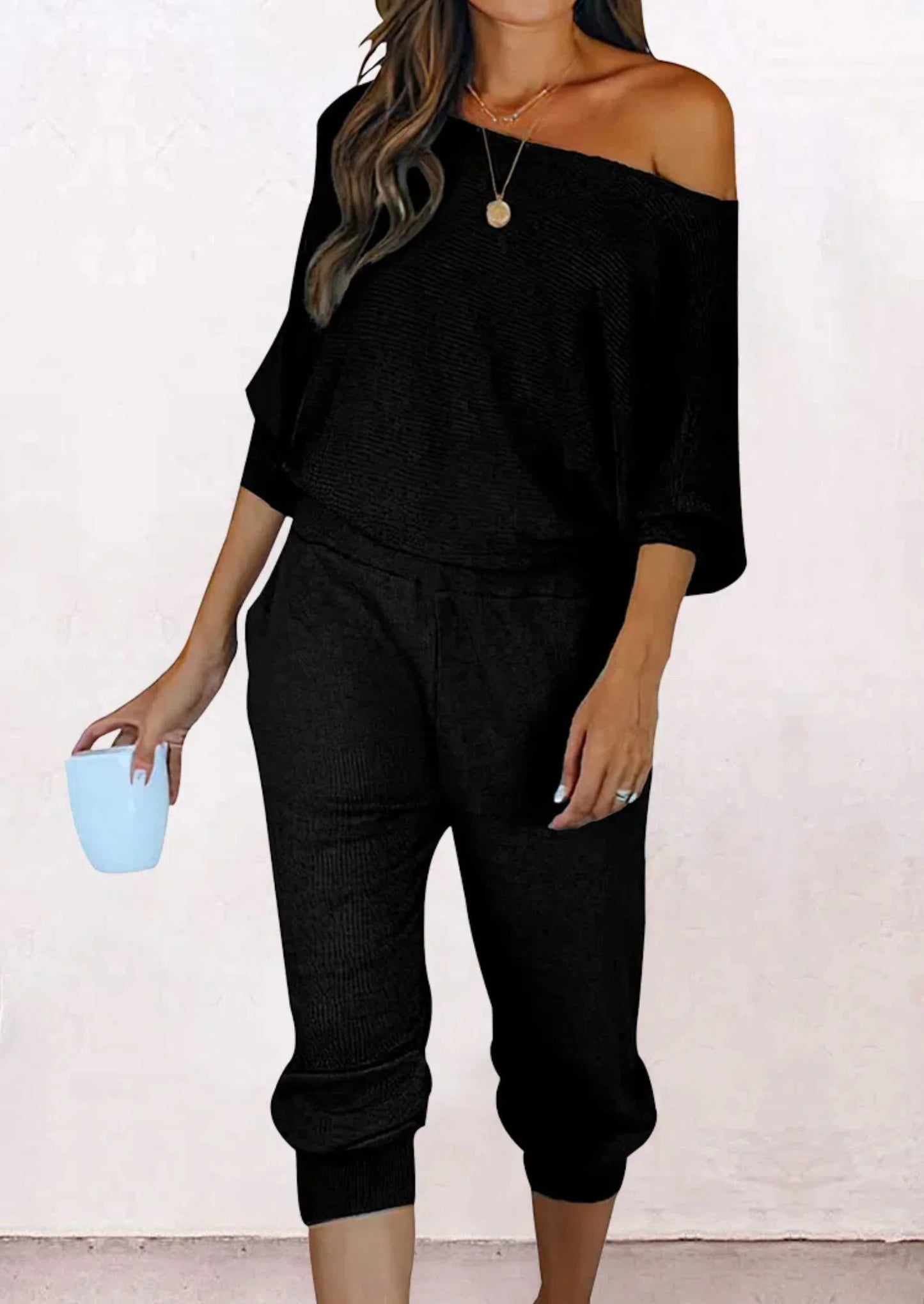 Women's 2 Piece Ribbed Tracksuit Outfits Off Shoulder Long Sleeve Pullover Lounge Pants with Pockets