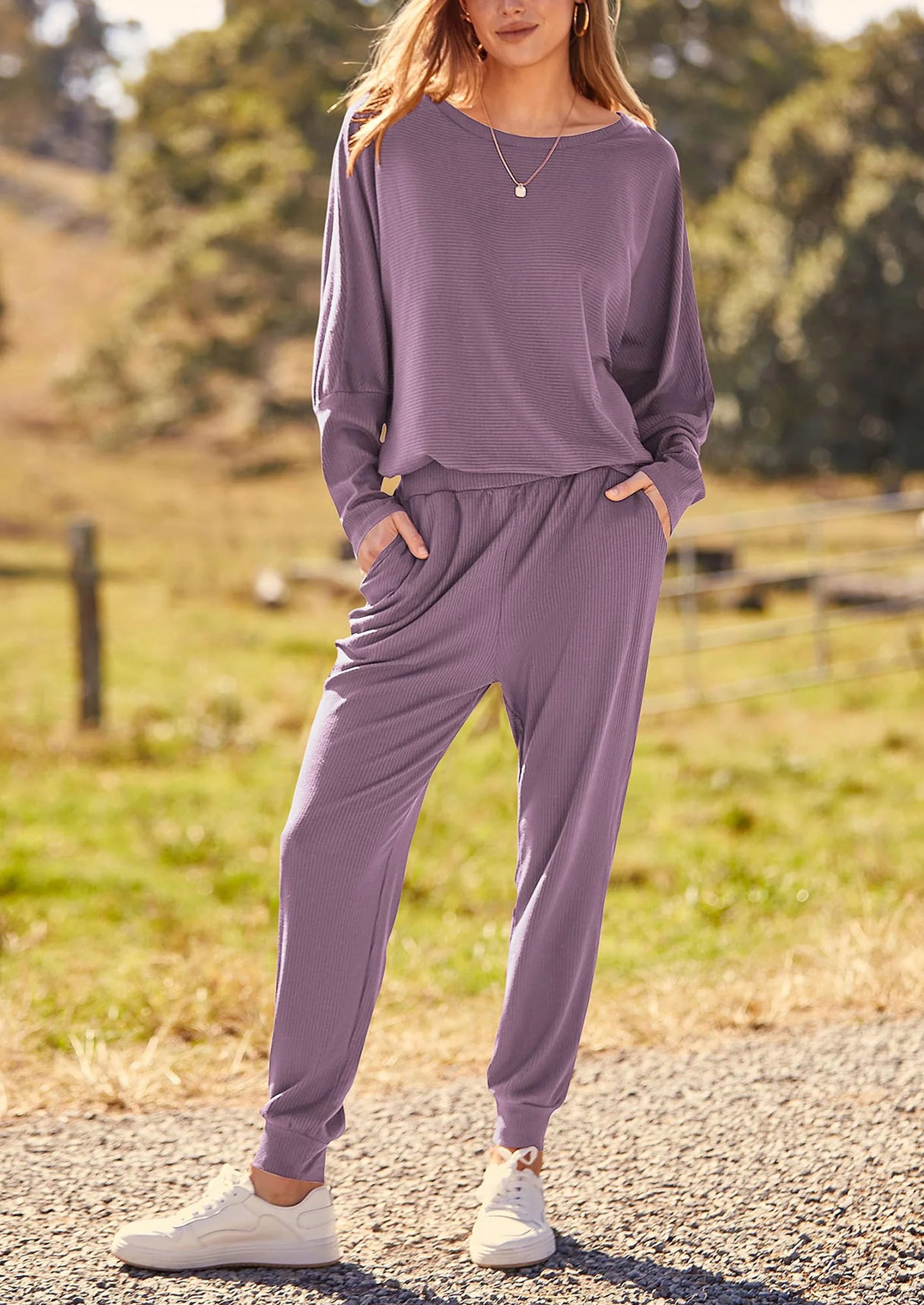 Women's Fall 2 Piece Lounge Set Long Sleeve Tops Ribbed Pants Spring Matching Sweatsuit Travel Outfits Clothes