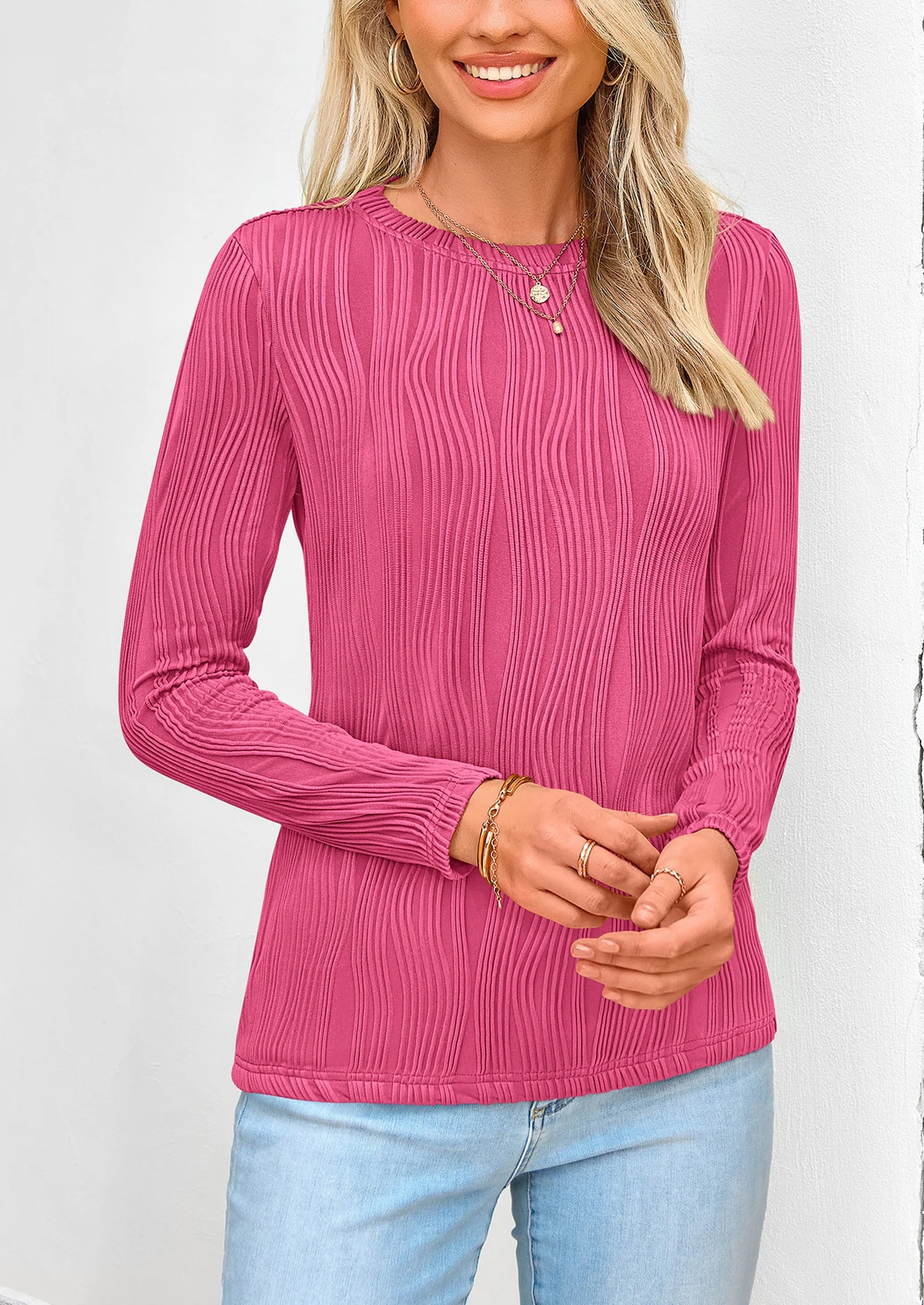 Long Sleeve Tops for Women Spring Fall Trendy Business Dressy Casual Shirts Crewneck Textured Blouse