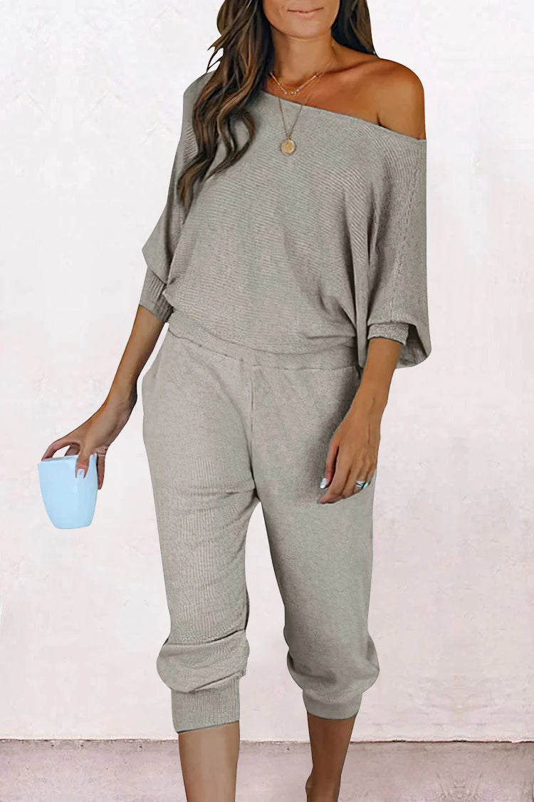 Women's 2 Piece Ribbed Tracksuit Outfits Off Shoulder Long Sleeve Pullover Lounge Pants with Pockets