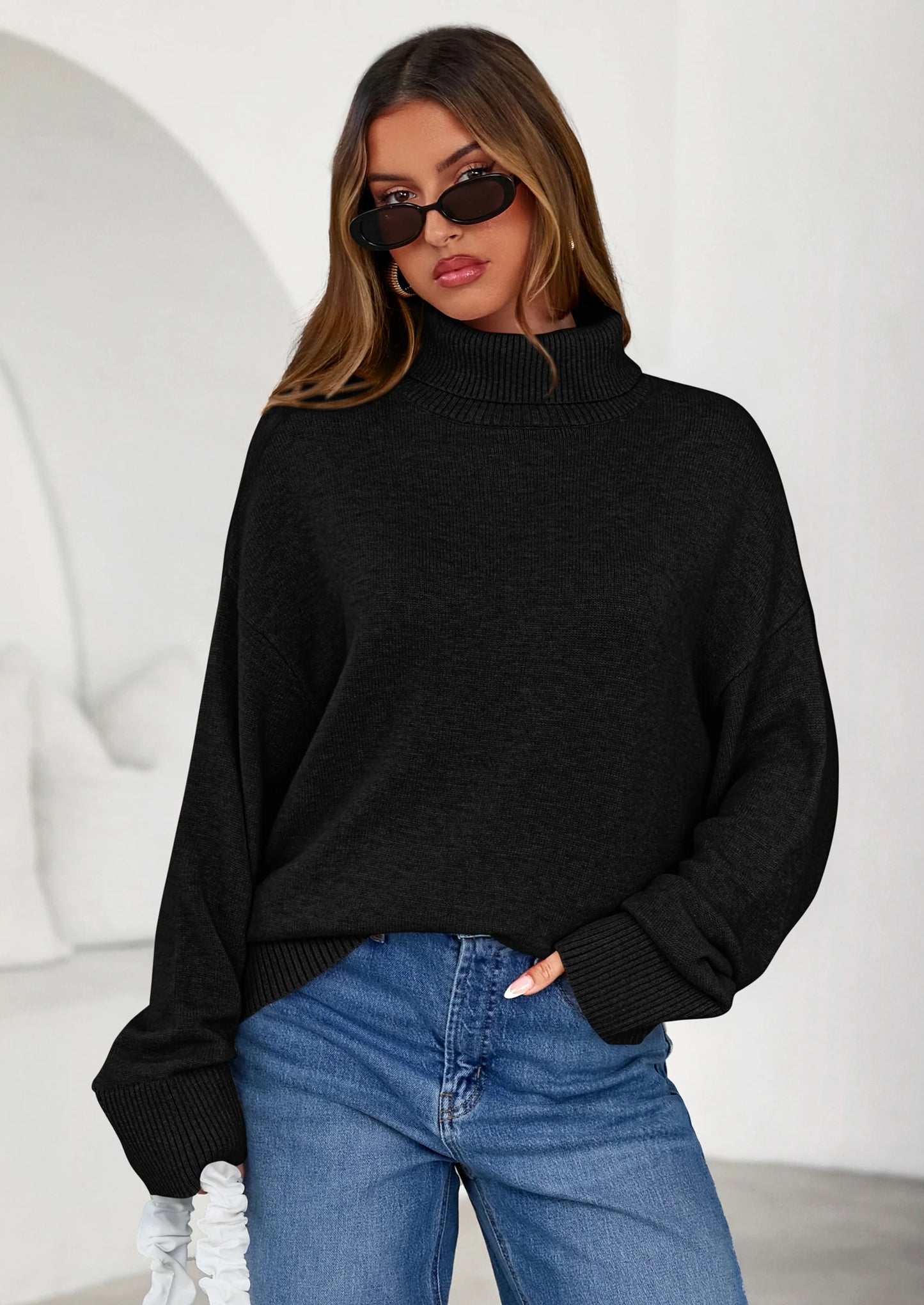 Womens Turtleneck Long Sleeve Sweater Fall Trendy Loose Fit Casual Tops Chunky Knit Pullover Sweaters