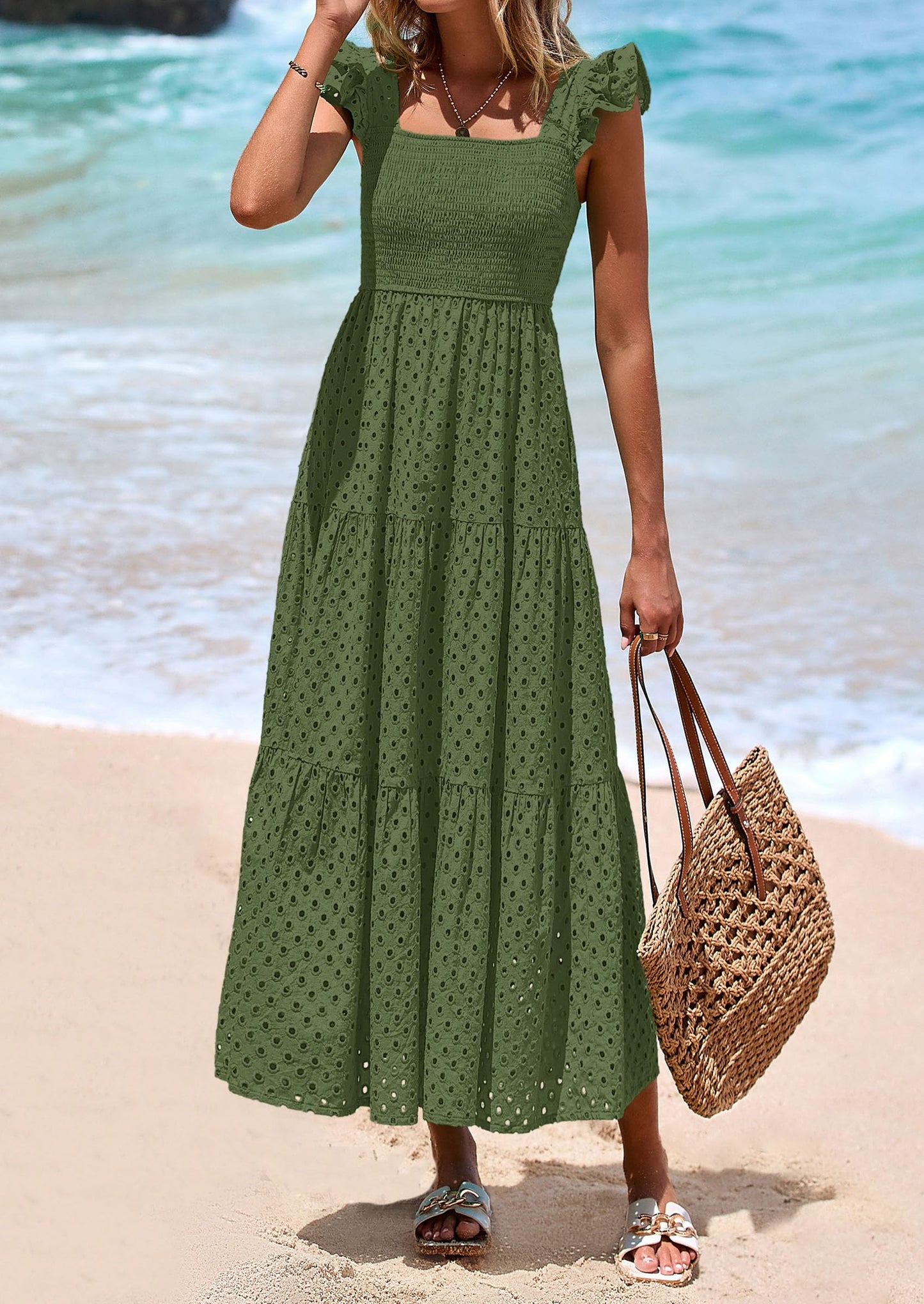 Womens Square Neck Maxi Dresses Cap Sleeve Eyelet Smocked Tiered A Line Flowy Long Dress with Pockets