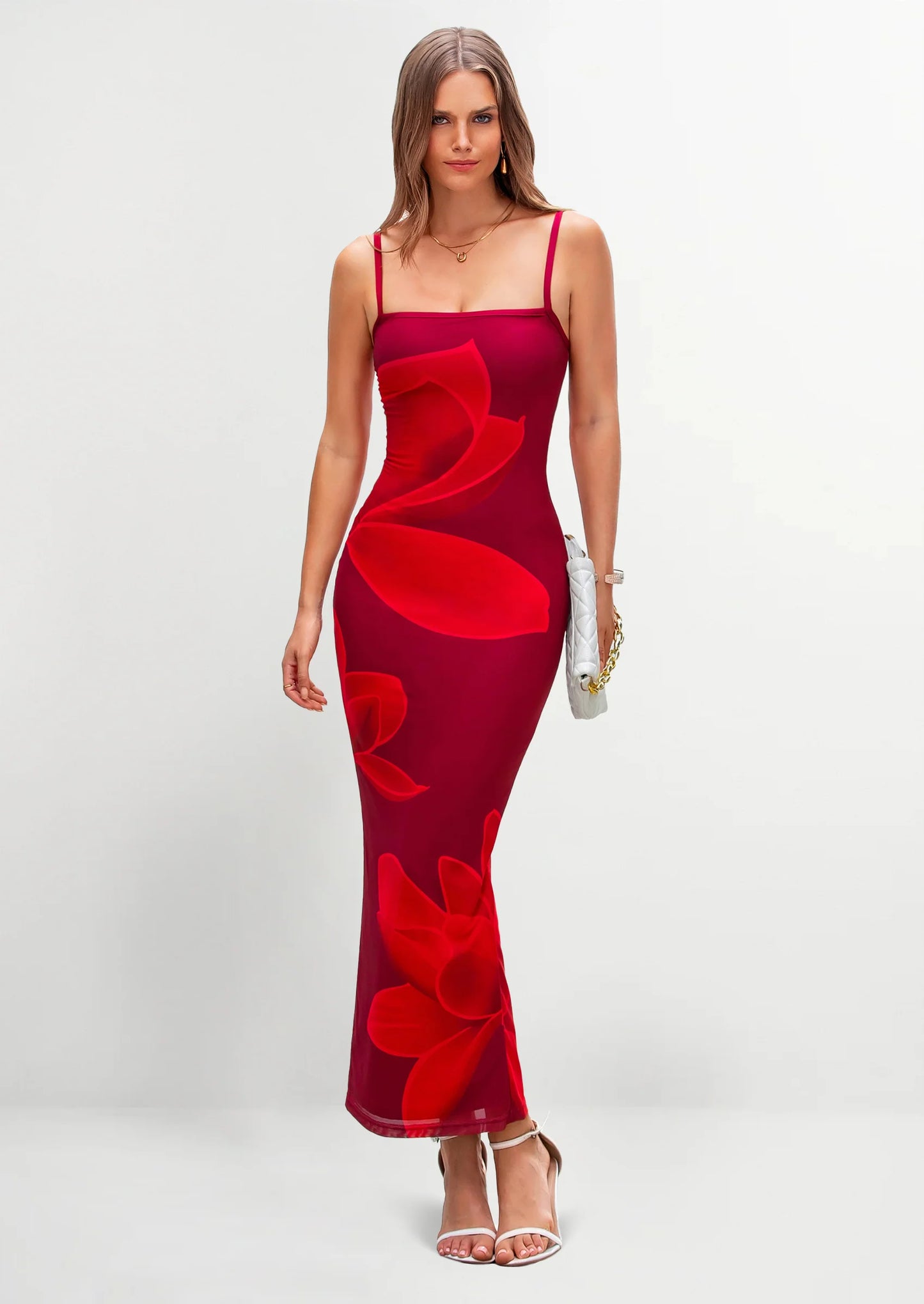 Womens Floral Maxi Dress Sexy Spaghetti Strap Slip Bodycon Mesh Beach Vacation Dresses