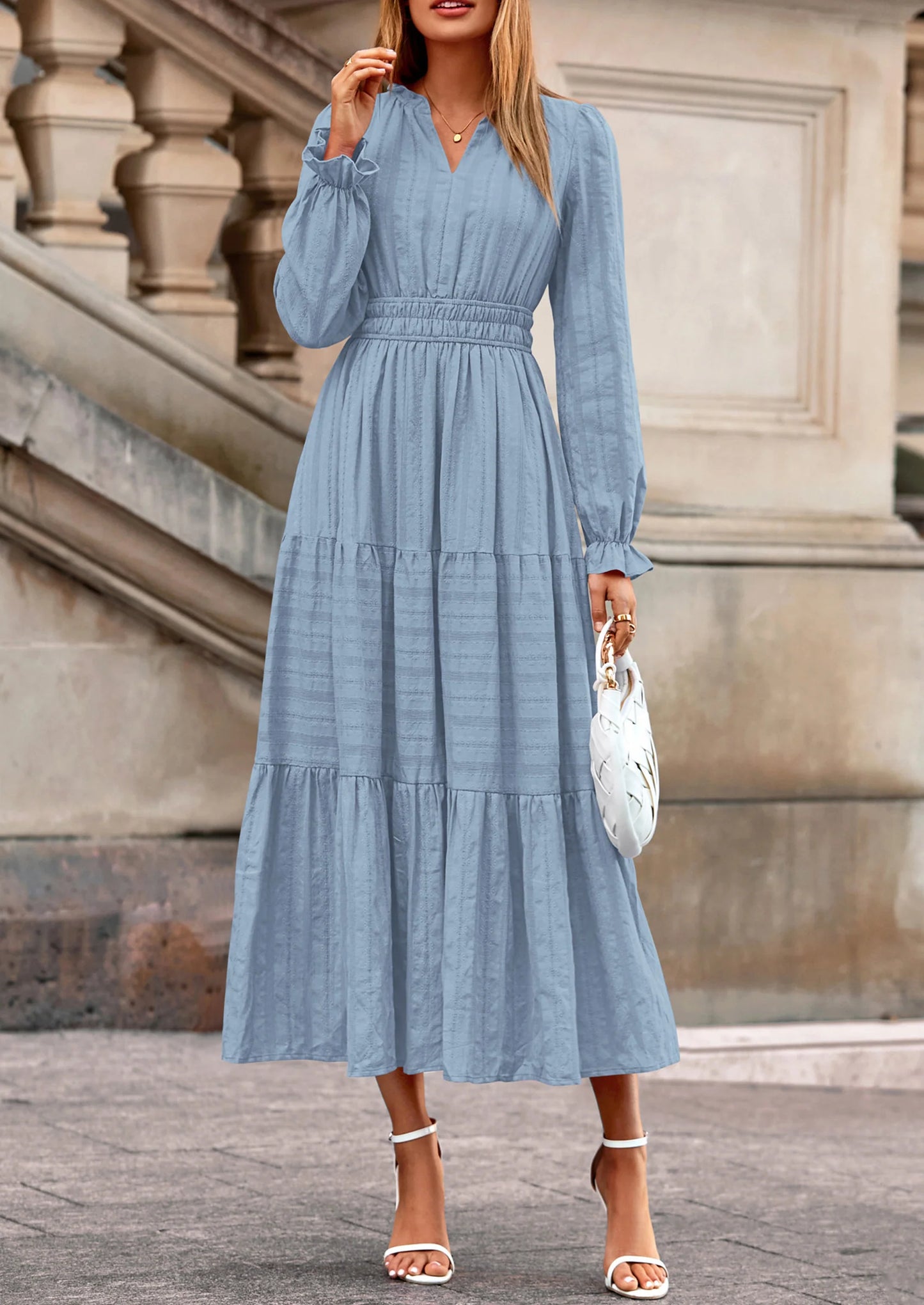 Women's Fall Wedding Guest Dresses Long Sleeve V Neck Flowy Elegant Holiday Party Maxi Dress with Pockets