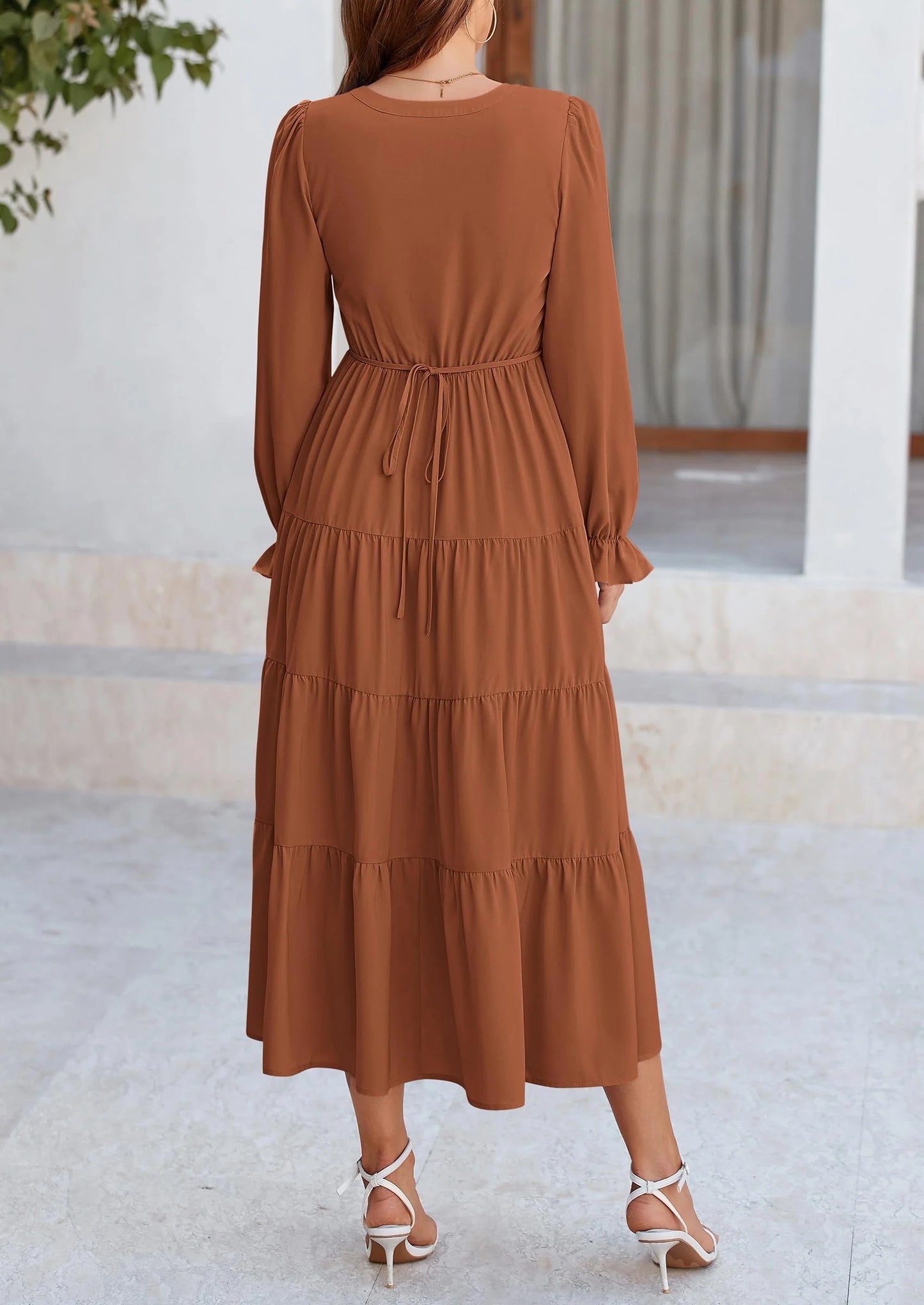 Women Fall Long Sleeve Smocked Maxi Dress Casual Square Neck Swiss Dot Tiered Ruffle Flowy Spring Pocket Dresses