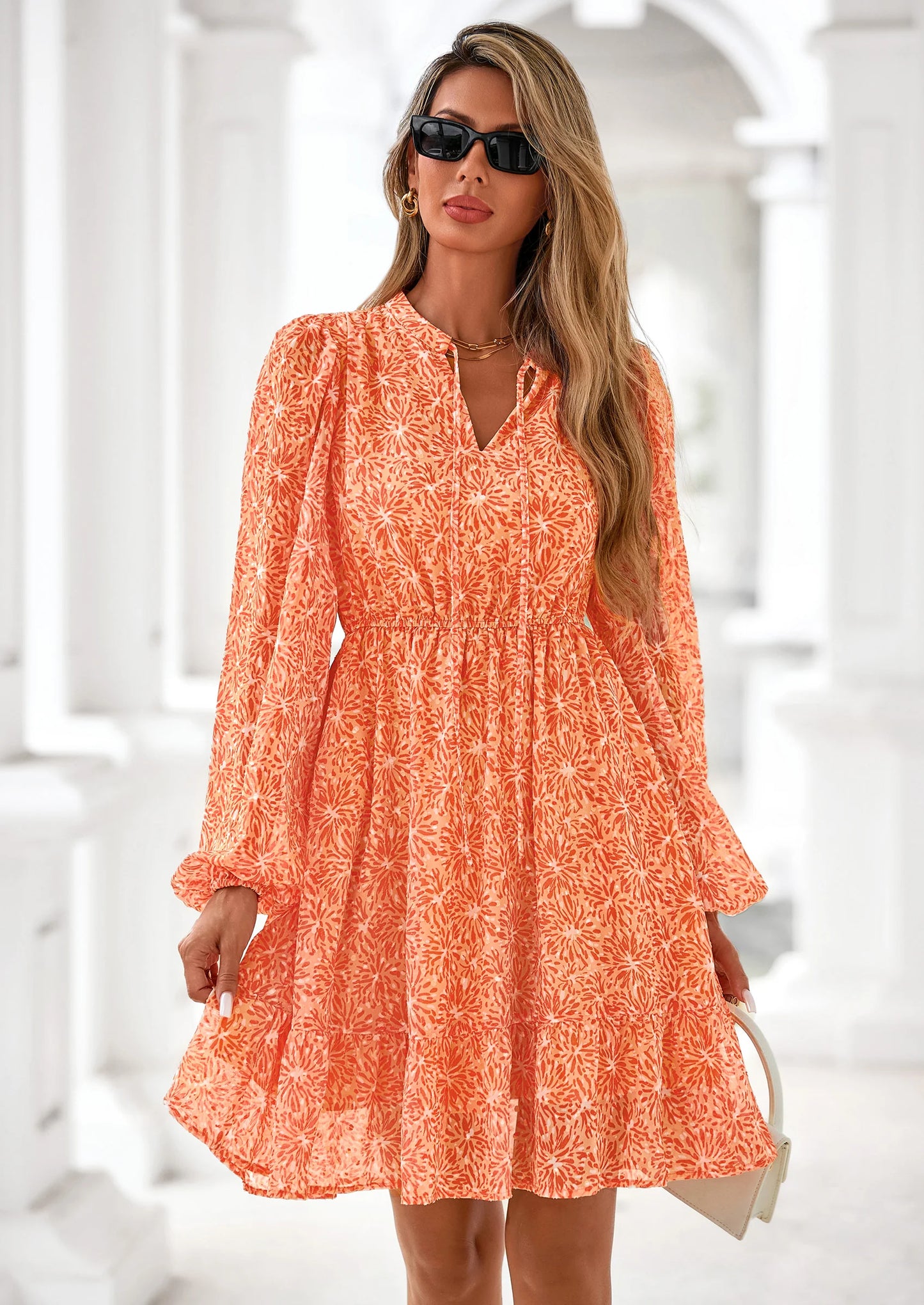 Women's Fall Boho Dresses Floral Long Sleeve V Neck Mini Flowy Wedding Guest Dress Trendy Vacation Outfits