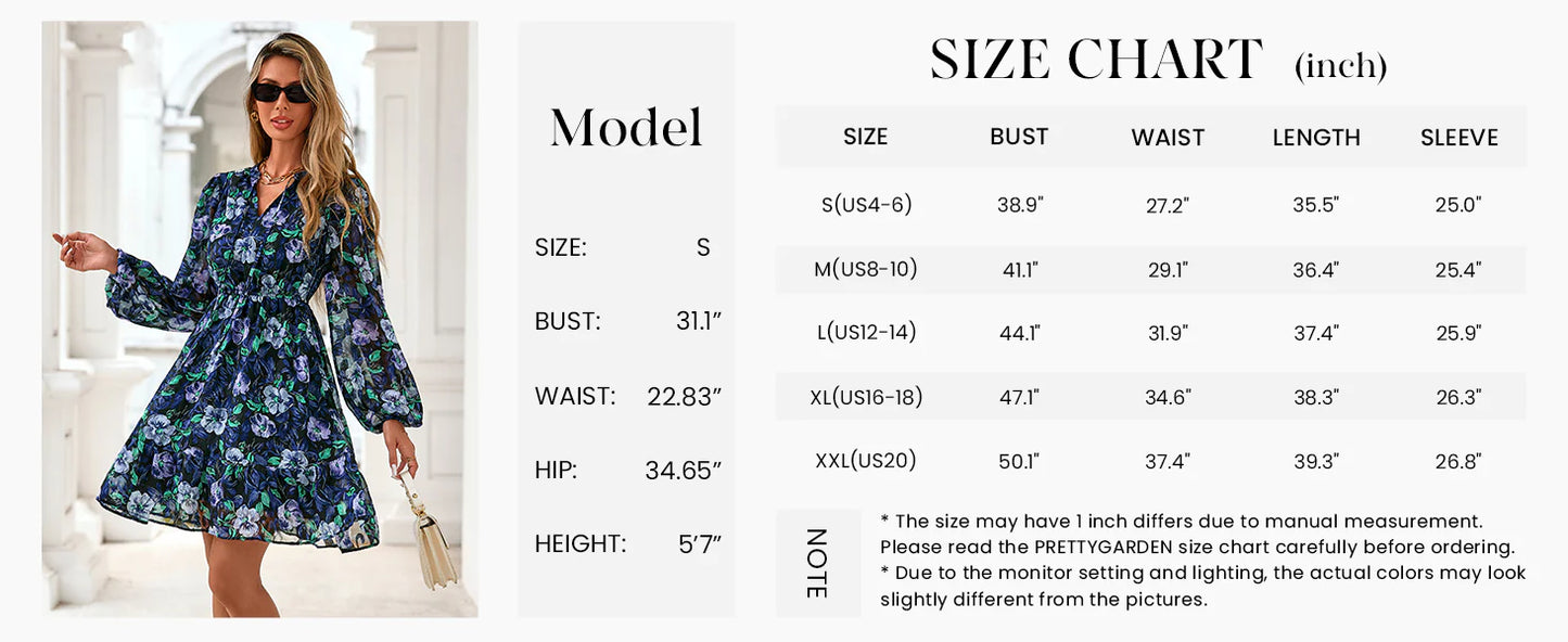 Women's Fall Boho Dresses Floral Long Sleeve V Neck Mini Flowy Wedding Guest Dress Trendy Vacation Outfits