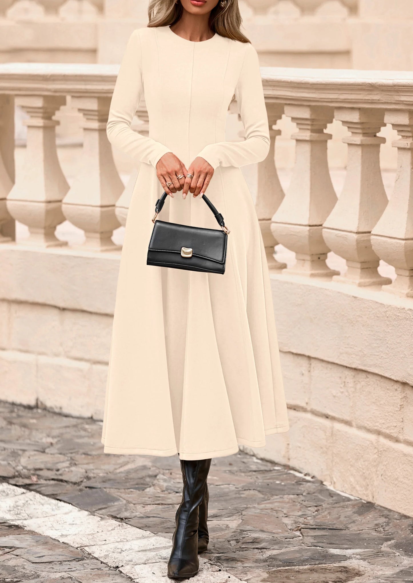 Women's Fall Long Sleeve Midi Dress Casual Elegant Ruffle Flowy A Line Swing Cocktail Party Dresses