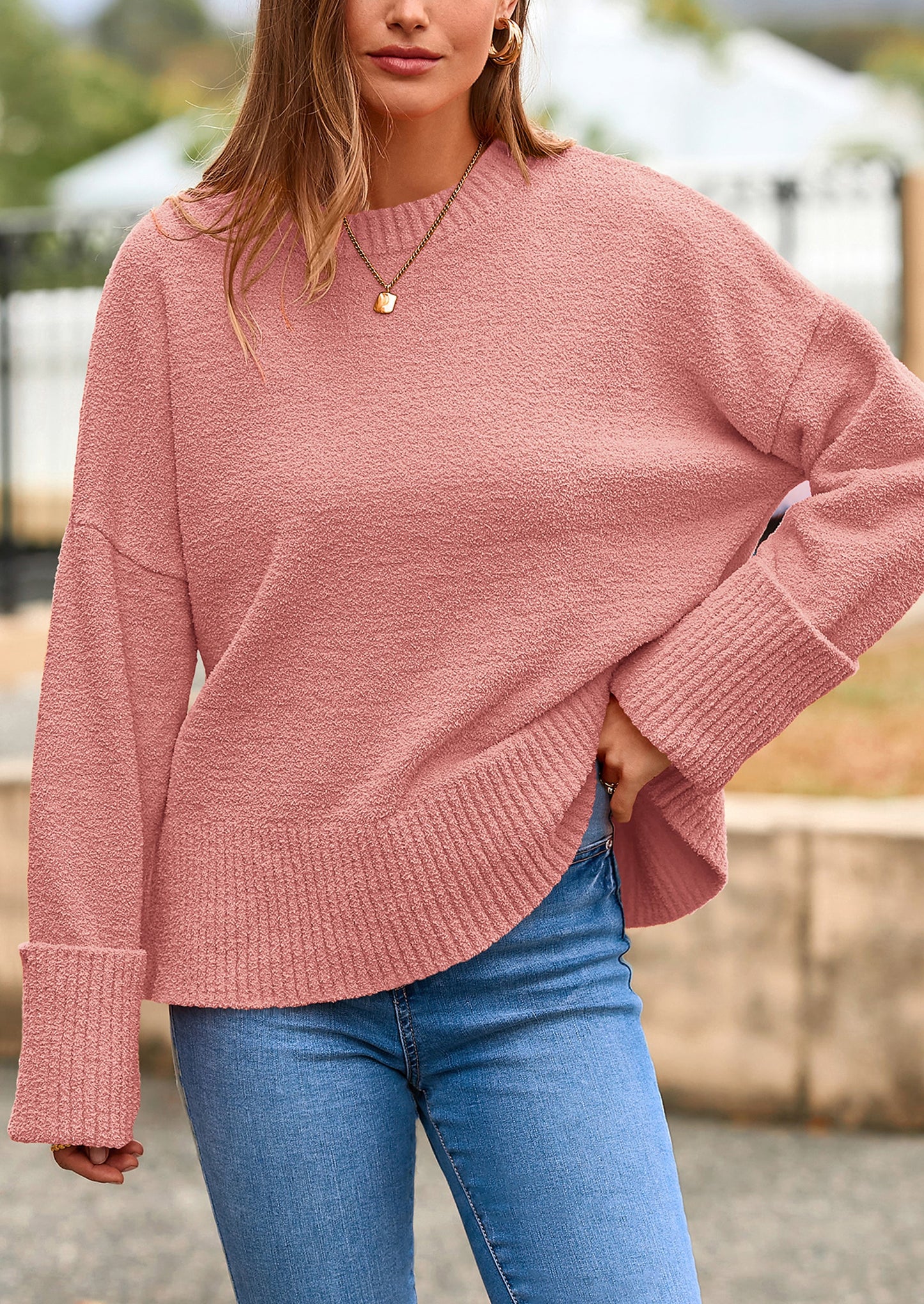 Women's Fall Oversized Sweaters Casual Crewneck Pullover Long Sleeve Fuzzy Chunky Knit Tops Blouse