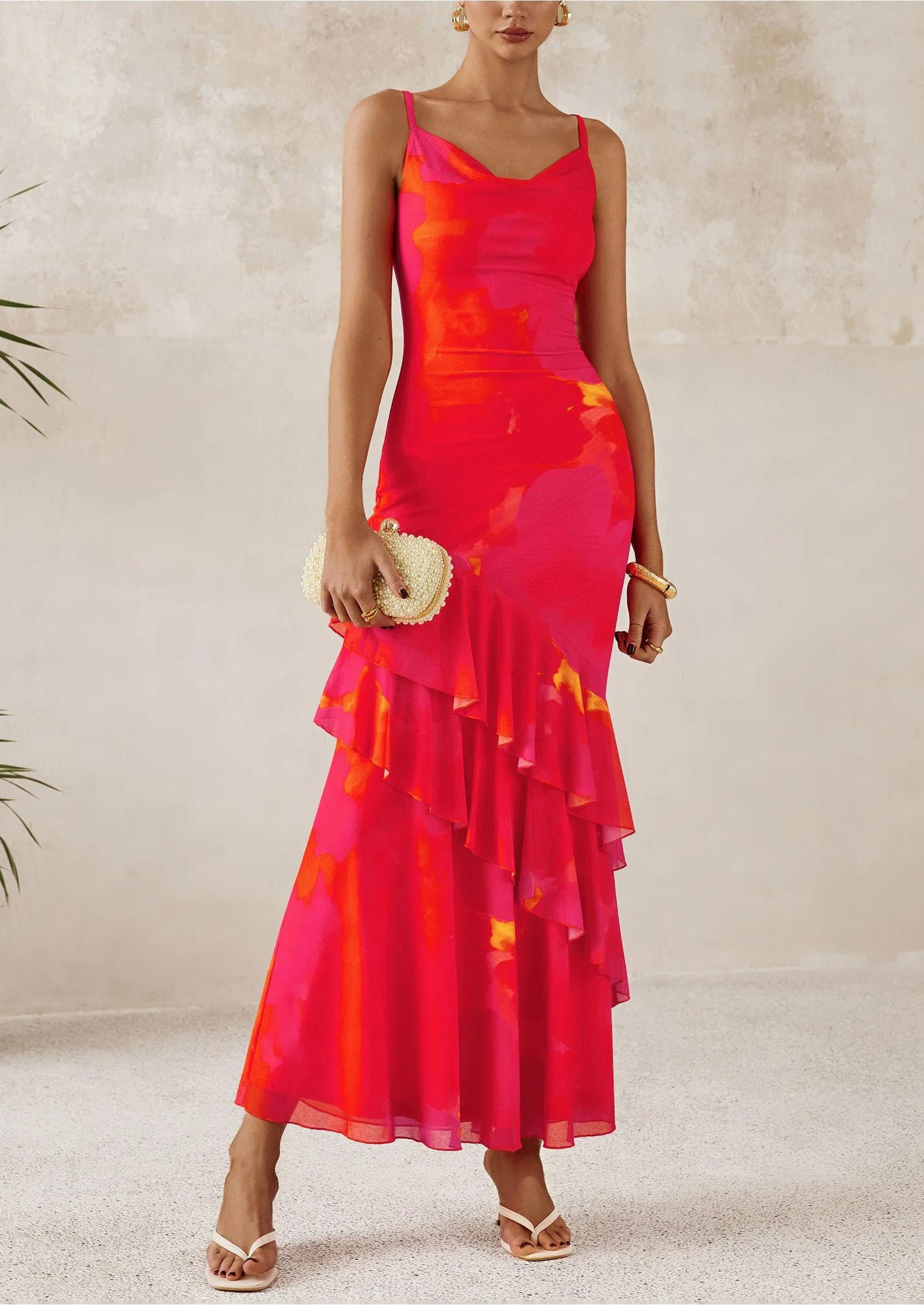 Maxi Dresses for Women Floral Beach Sundress Spaghetti Strap Tiered Wedding Guest Long Dress
