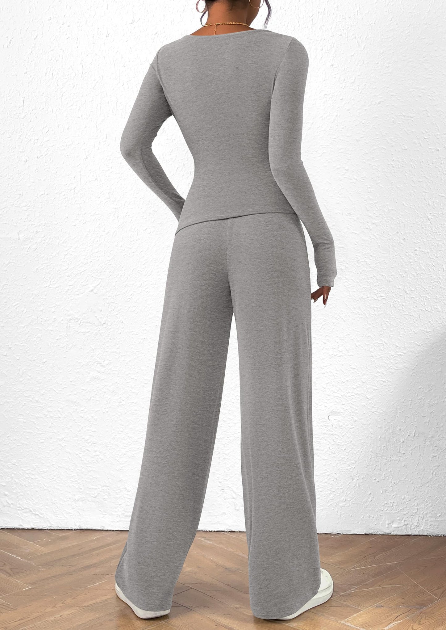 Women's 2 Piece Lounge Sets Asymmetrical Long Sleeve T Shirt Wide Leg Pants Casual Outfits Tracksuit