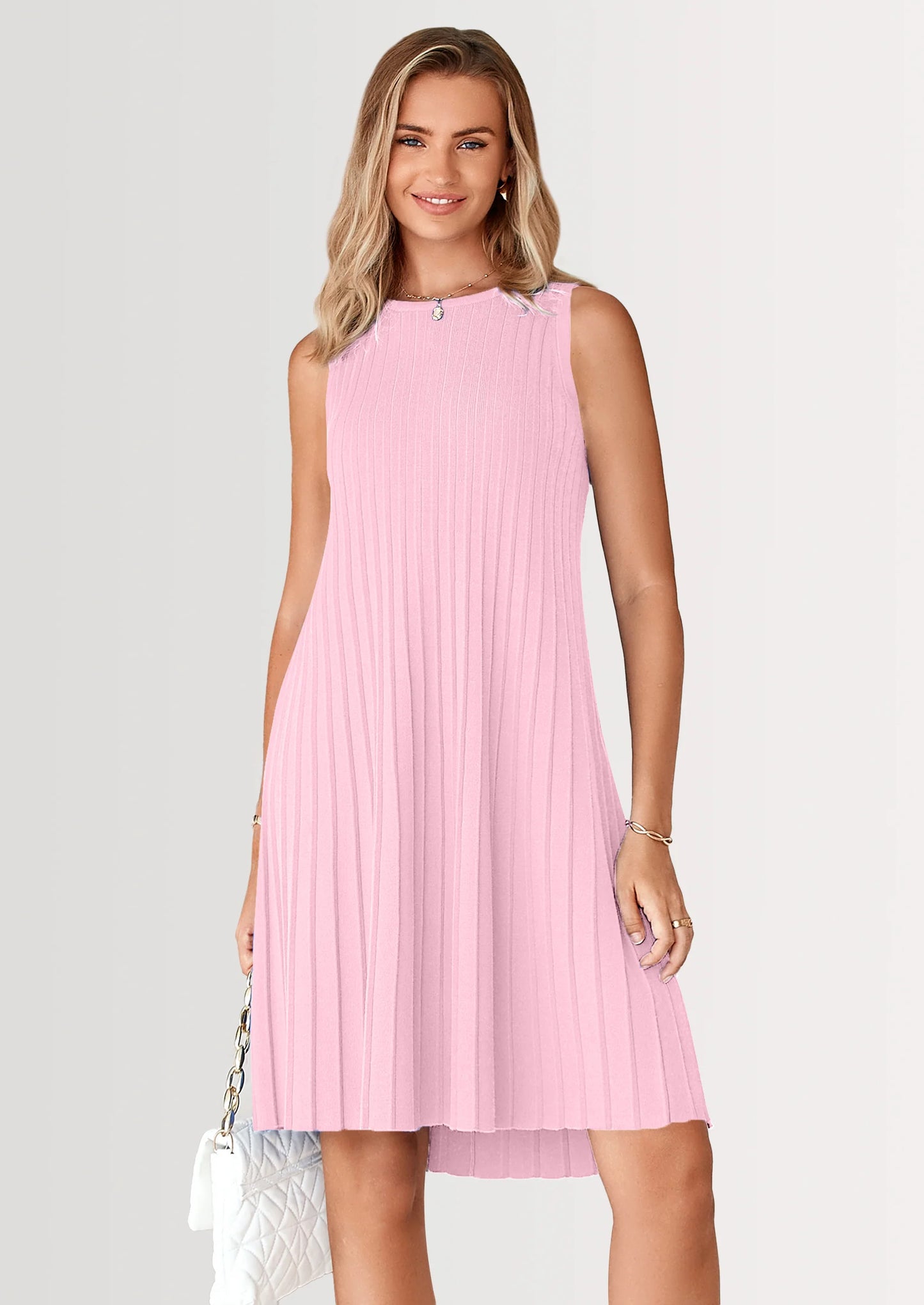 Womens Summer Sleeveless Mini Dress Crewneck Loose Tank A Line Pleated Swing Flowy Party Dresses
