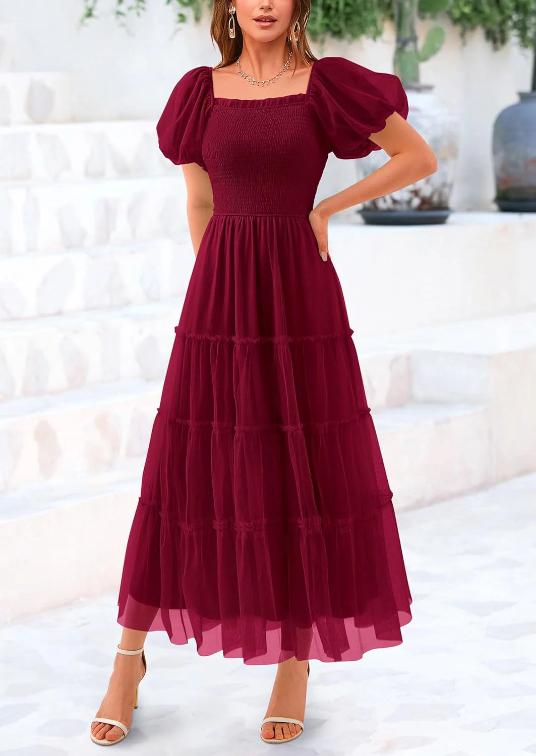 Women's Smocked Tulle Midi Dress Square Neck Puffy Short Sleeve Ruffle Wedding Guest Party Dresses