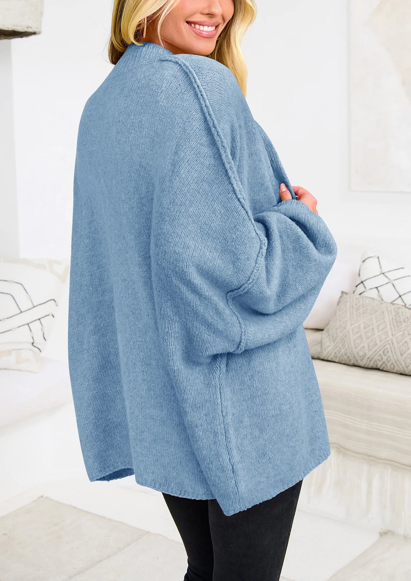 Women's Winter Button Down Cardigan Sweaters Mock Neck Lantern Long Sleeve Chunky Knit Jacket Trendy Outerwear